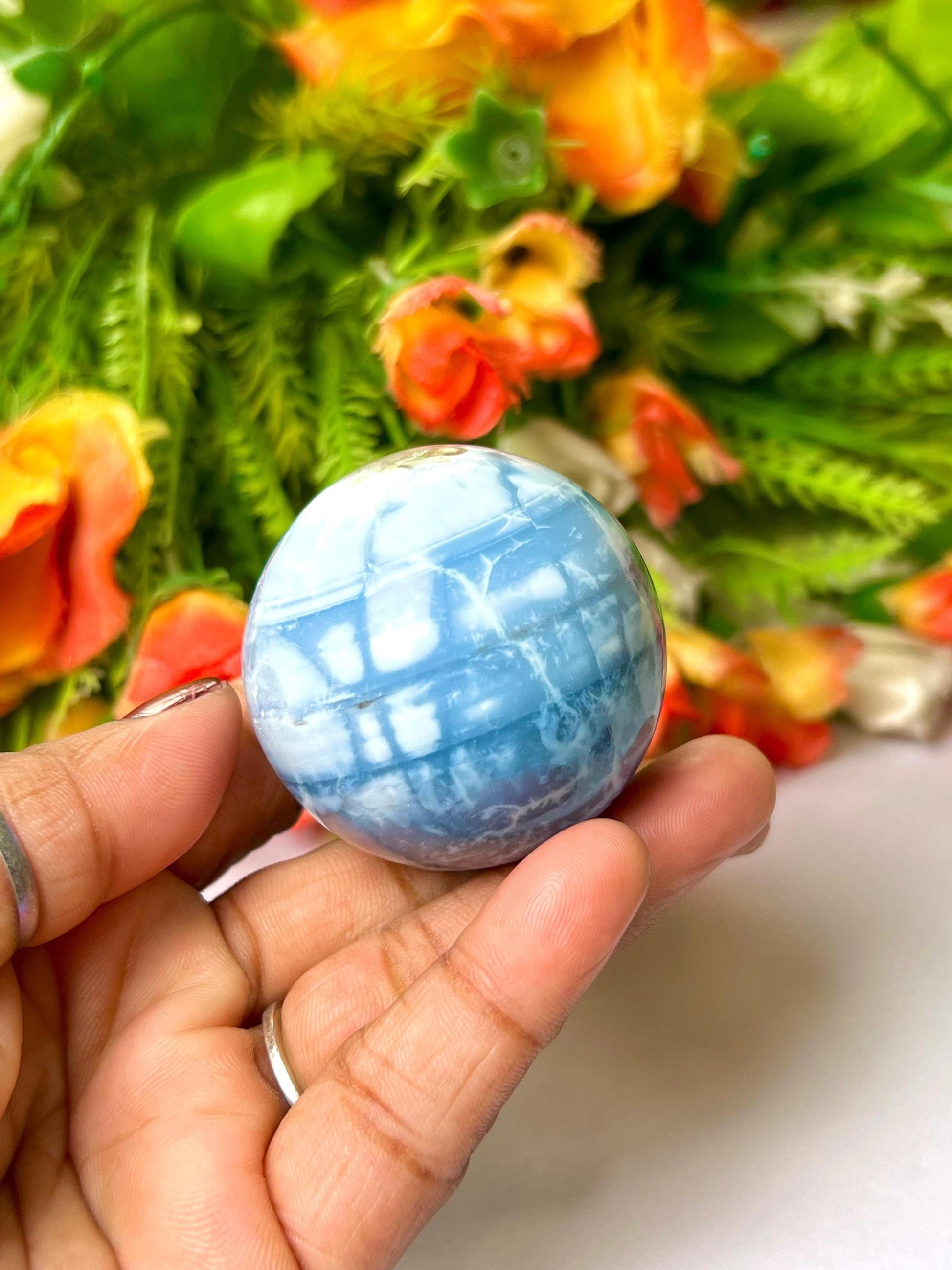 Blue Opal Stone Sphere 40 MM Crystal Ball Orb Pocket Stone Meditation Space Crystal Grid With wooden Stand