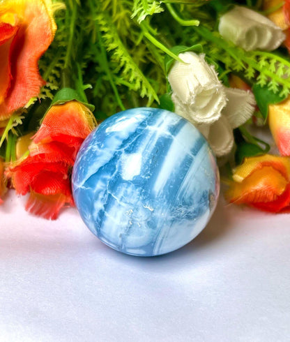 Blue Opal Stone Sphere 40 MM Crystal Ball Orb Pocket Stone Meditation Space Crystal Grid With wooden Stand