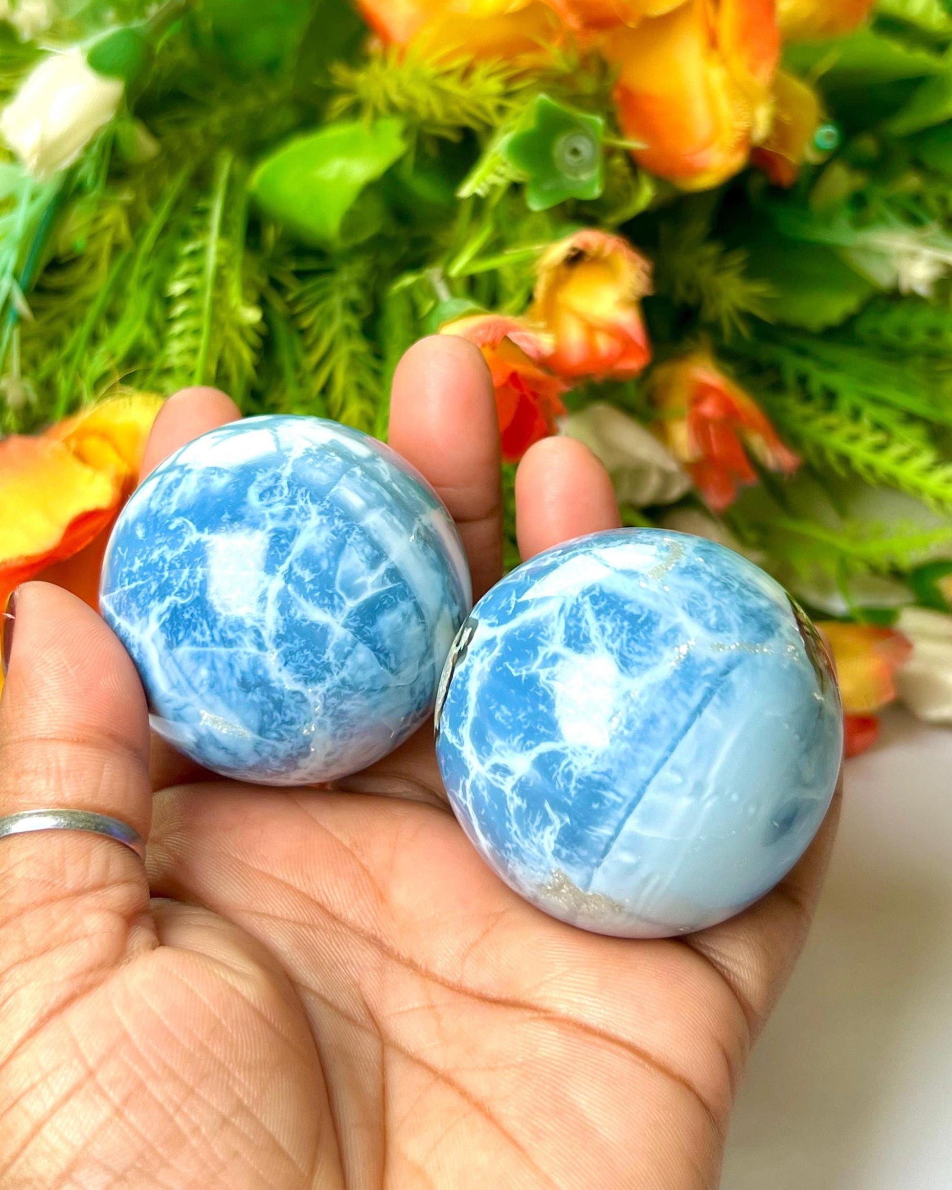 Blue Opal Stone Sphere 40 MM Crystal Ball Orb Pocket Stone Meditation Space Crystal Grid With wooden Stand