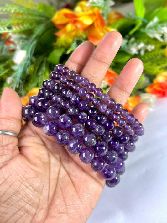 Amethyst Stone Round Beaded Bracelet 6 MM 8 MM 10 MM Stretch Bracelet