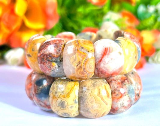 20 MM Crazy Lace Agate Stone Bracelet With Natural Druzy and Pin Hole l Stretchable Bracelet