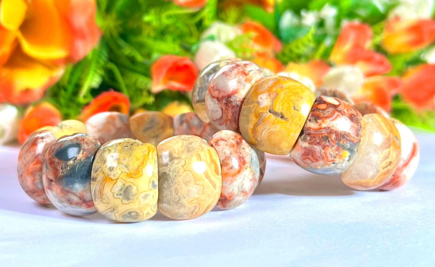 20 MM Crazy Lace Agate Stone Bracelet With Natural Druzy and Pin Hole l Stretchable Bracelet
