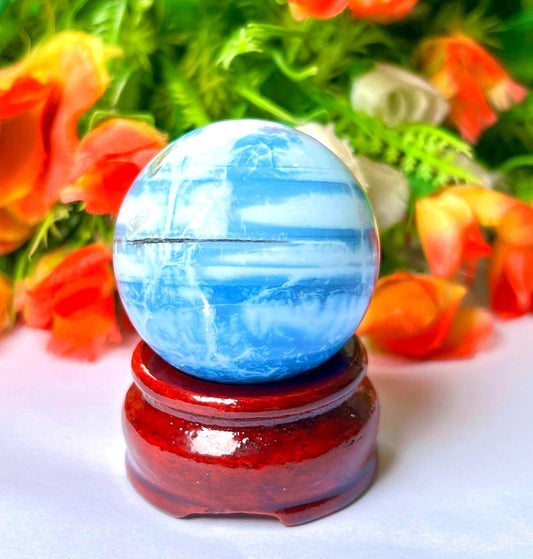 Blue Opal Stone Sphere 40 MM Crystal Ball Orb Pocket Stone Meditation Space Crystal Grid With wooden Stand
