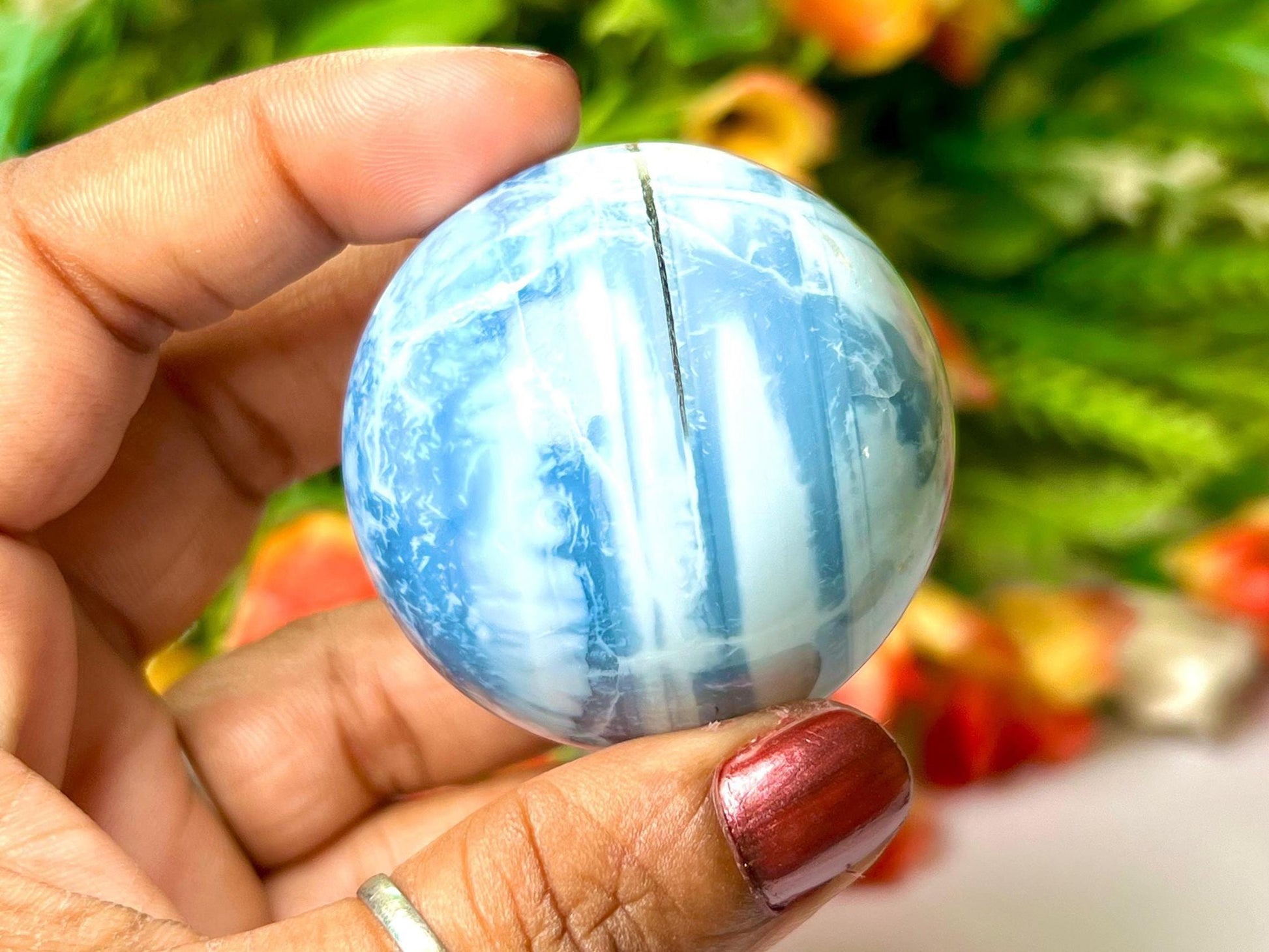 Blue Opal Stone Sphere 40 MM Crystal Ball Orb Pocket Stone Meditation Space Crystal Grid With wooden Stand