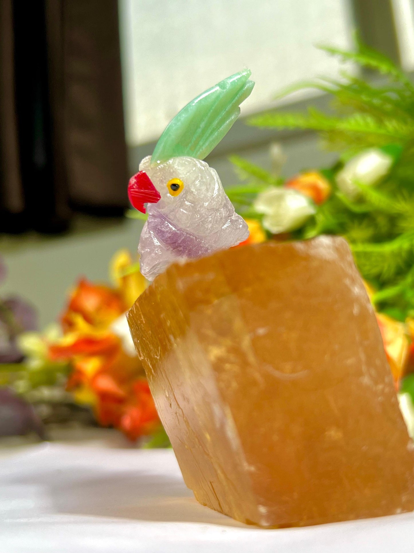 Beautiful Fluorite Stone Parrot Bird On Honey Cubic Calcite- Healing Crystal - Home Decoration - Reiki Healing - Gift for All