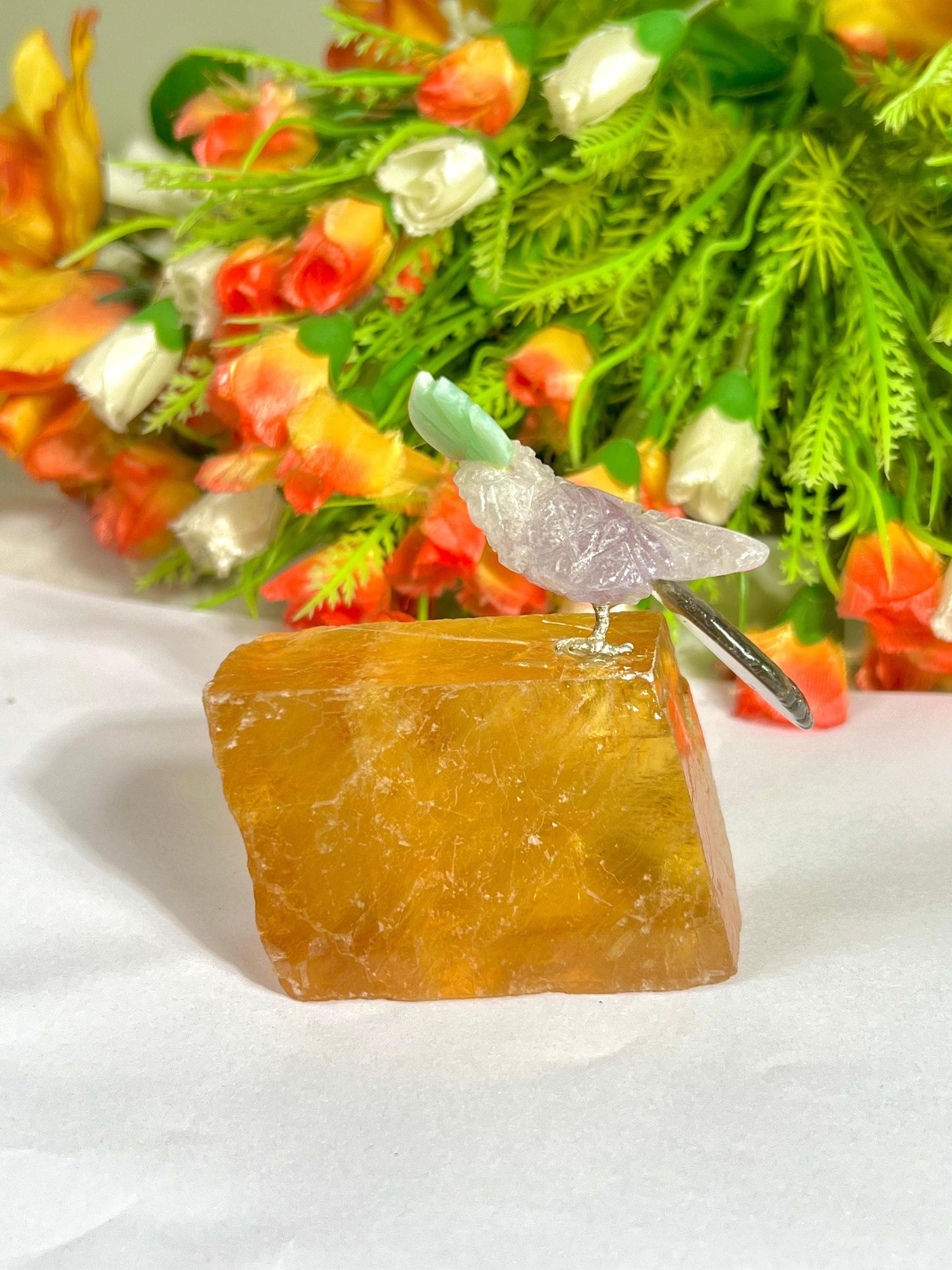 Beautiful Fluorite Stone Parrot Bird On Honey Cubic Calcite- Healing Crystal - Home Decoration - Reiki Healing - Gift for All