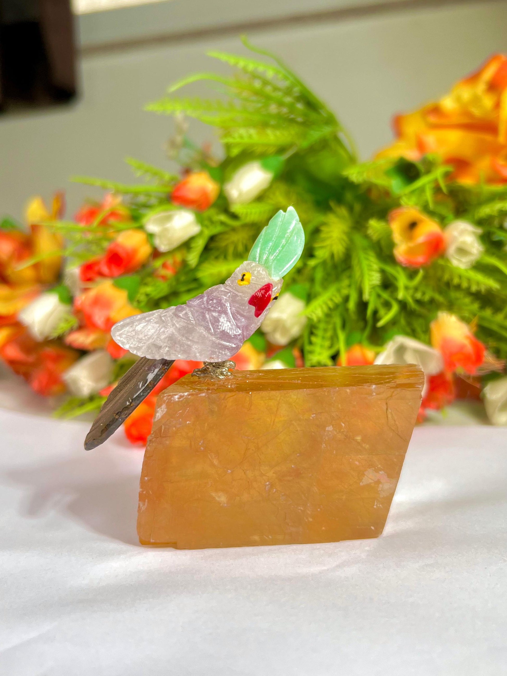 Beautiful Fluorite Stone Parrot Bird On Honey Cubic Calcite- Healing Crystal - Home Decoration - Reiki Healing - Gift for All