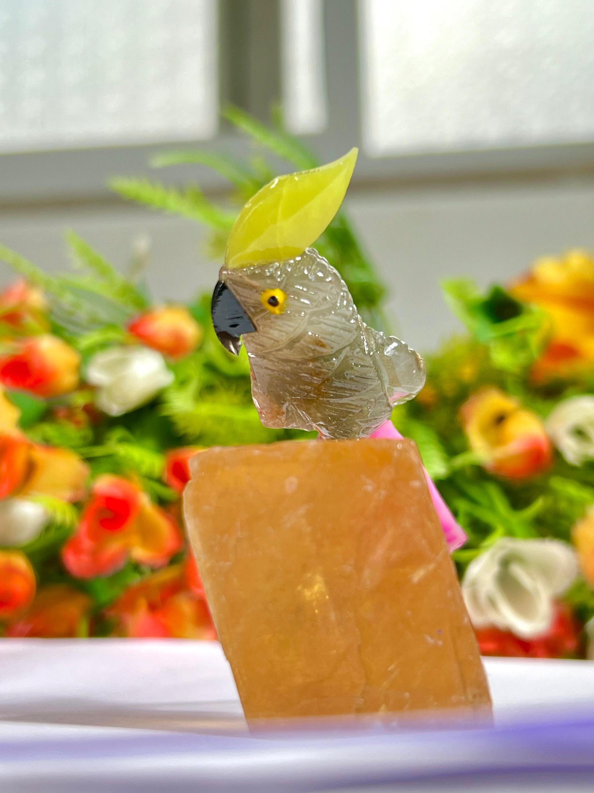 Beautiful Smoky Quartz Stone Parrot Bird On Honey Cubic Calcite- Healing Crystal - Home Decoration - Reiki Healing - Gift for All
