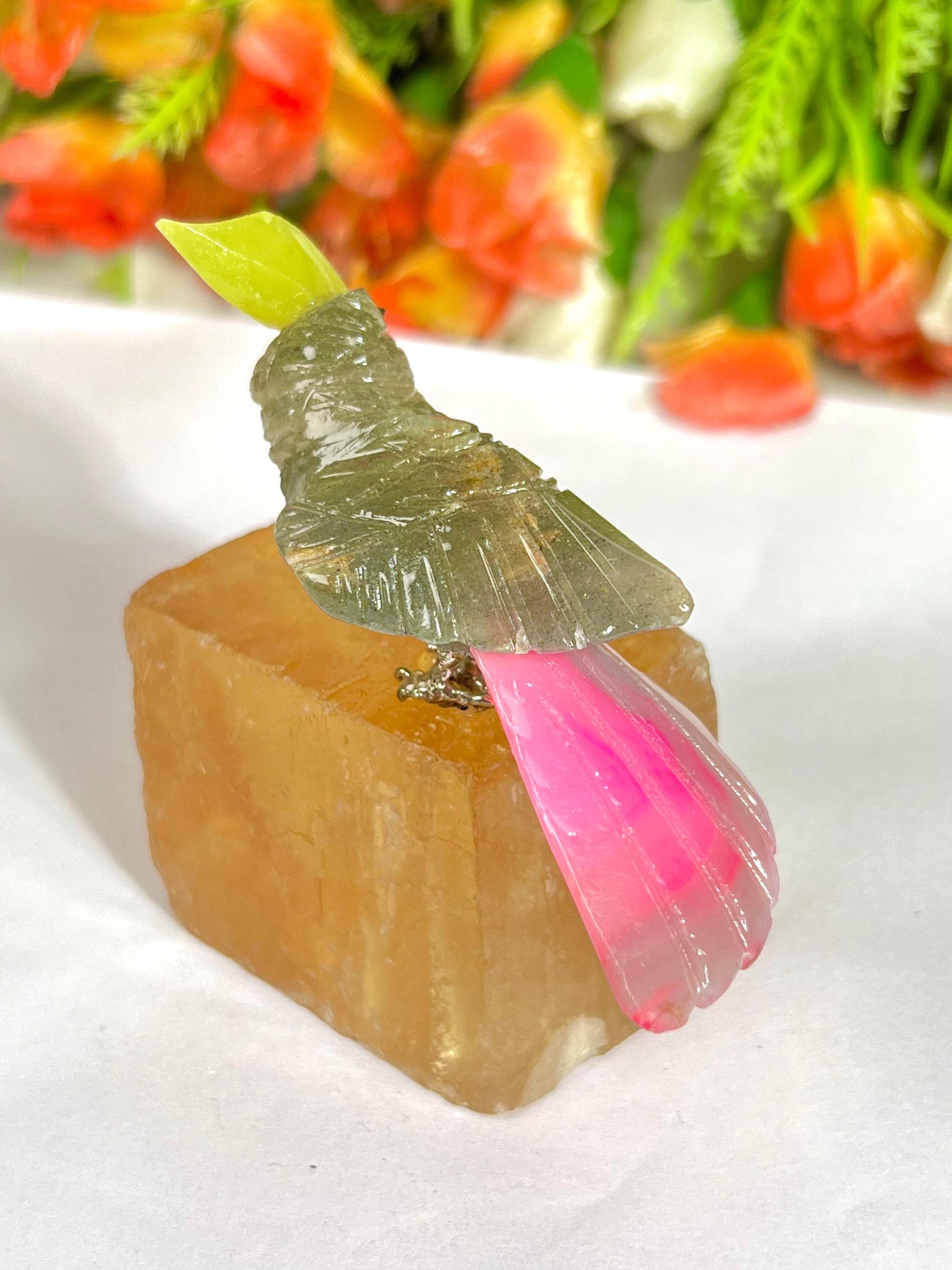 Beautiful Smoky Quartz Stone Parrot Bird On Honey Cubic Calcite- Healing Crystal - Home Decoration - Reiki Healing - Gift for All