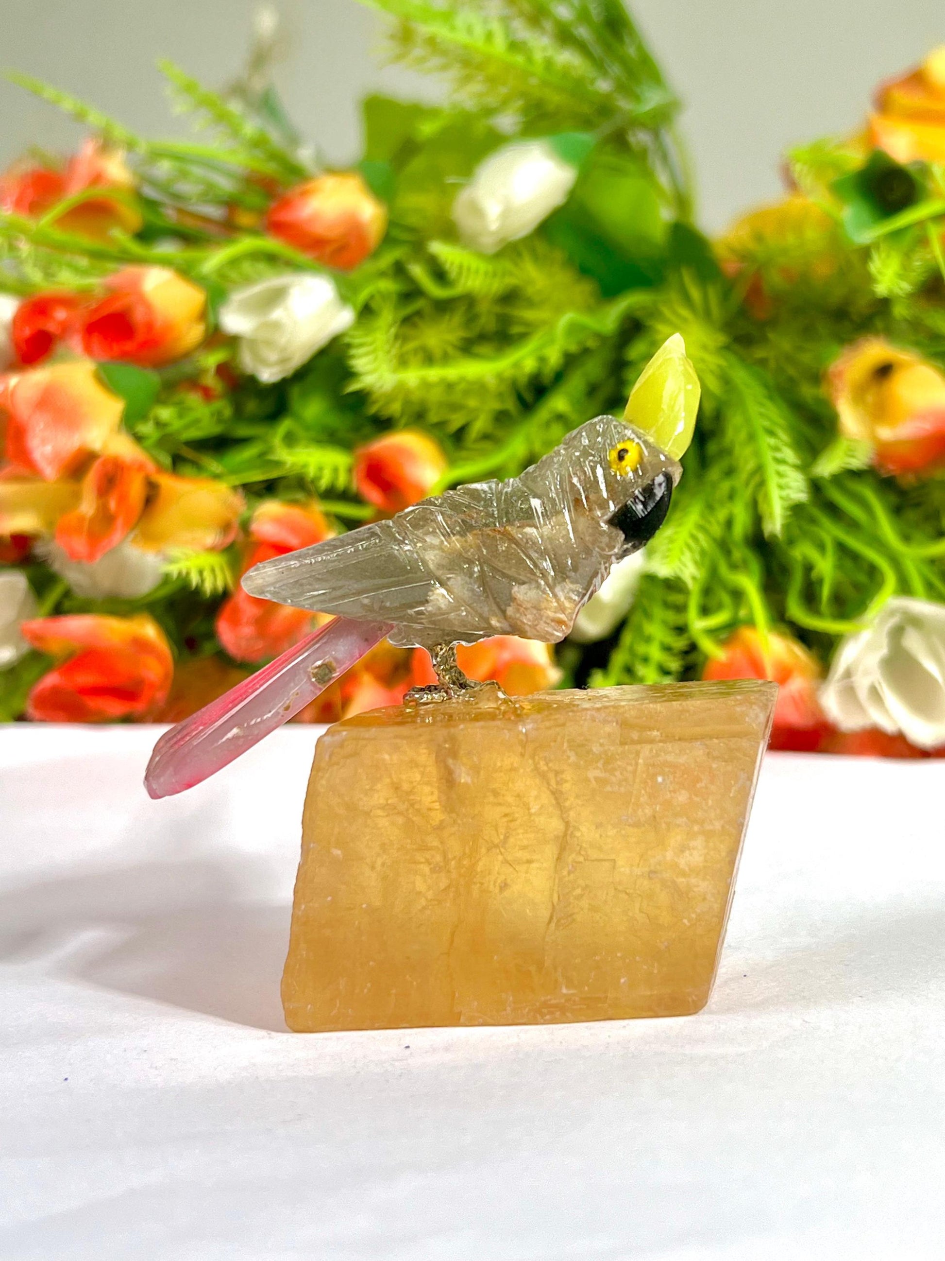 Beautiful Smoky Quartz Stone Parrot Bird On Honey Cubic Calcite- Healing Crystal - Home Decoration - Reiki Healing - Gift for All