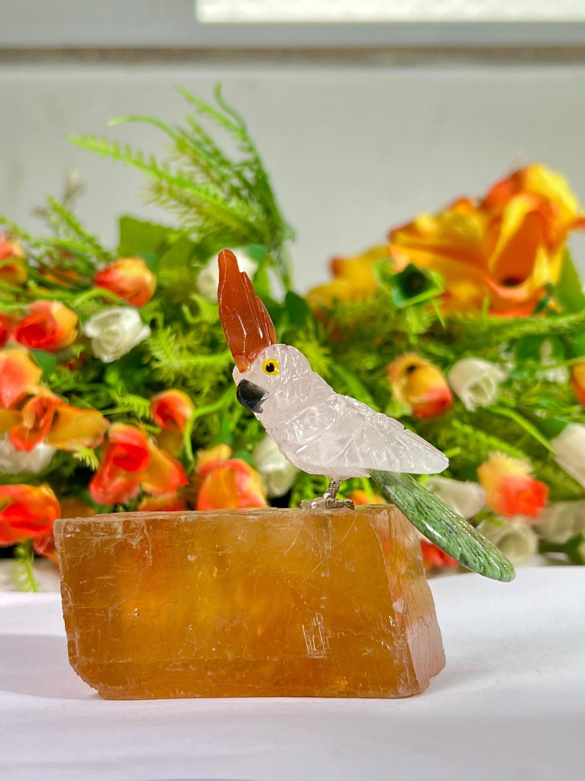 Beautiful Himalayan Crystal Parrot Bird On Honey Cubic Calcite- Healing Crystal - Home Decoration - Reiki Healing - Gift for All