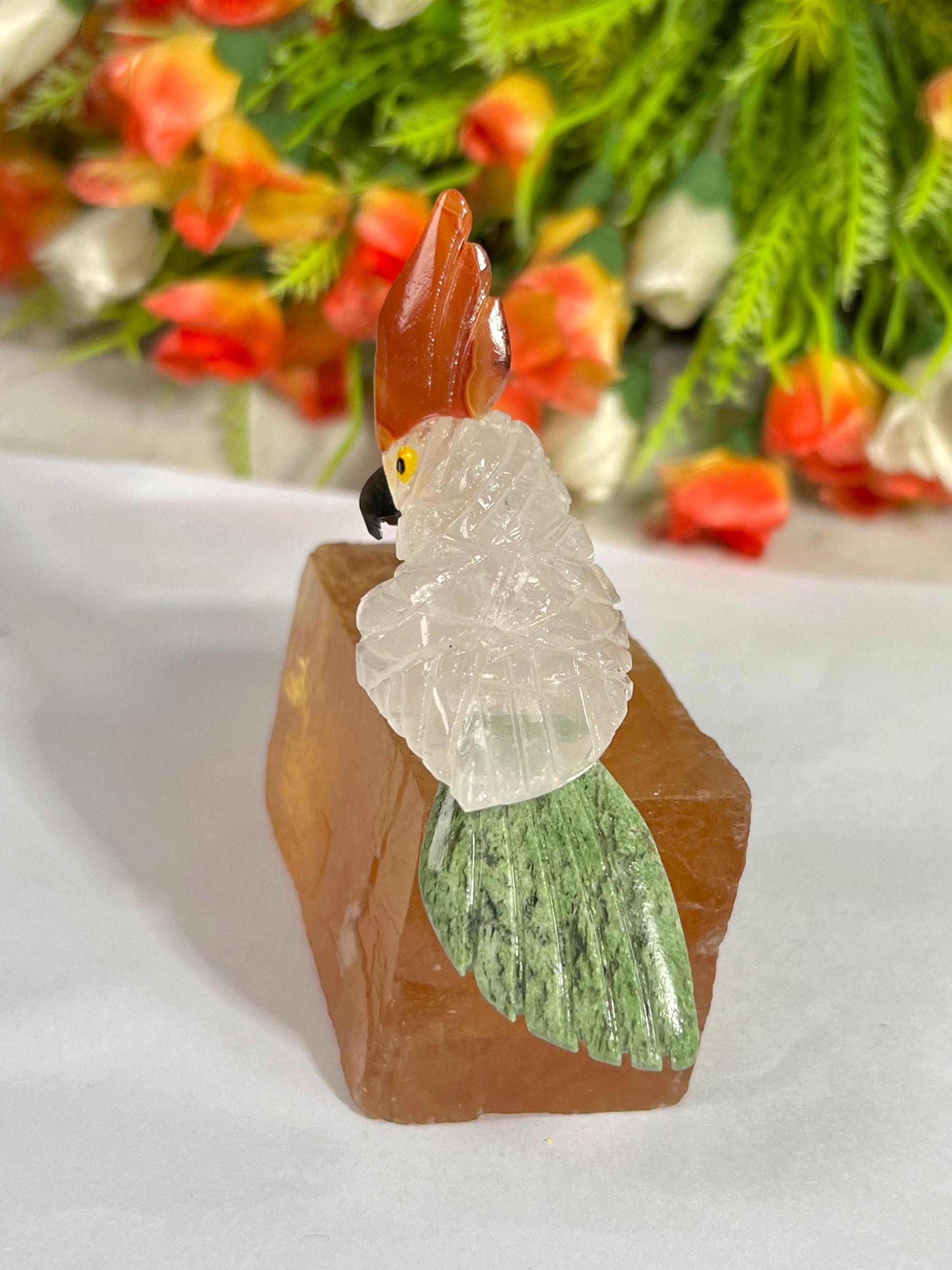 Beautiful Himalayan Crystal Parrot Bird On Honey Cubic Calcite- Healing Crystal - Home Decoration - Reiki Healing - Gift for All