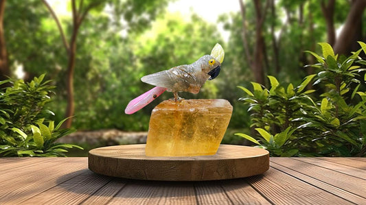 Beautiful Smoky Quartz Stone Parrot Bird On Honey Cubic Calcite- Healing Crystal - Home Decoration - Reiki Healing - Gift for All