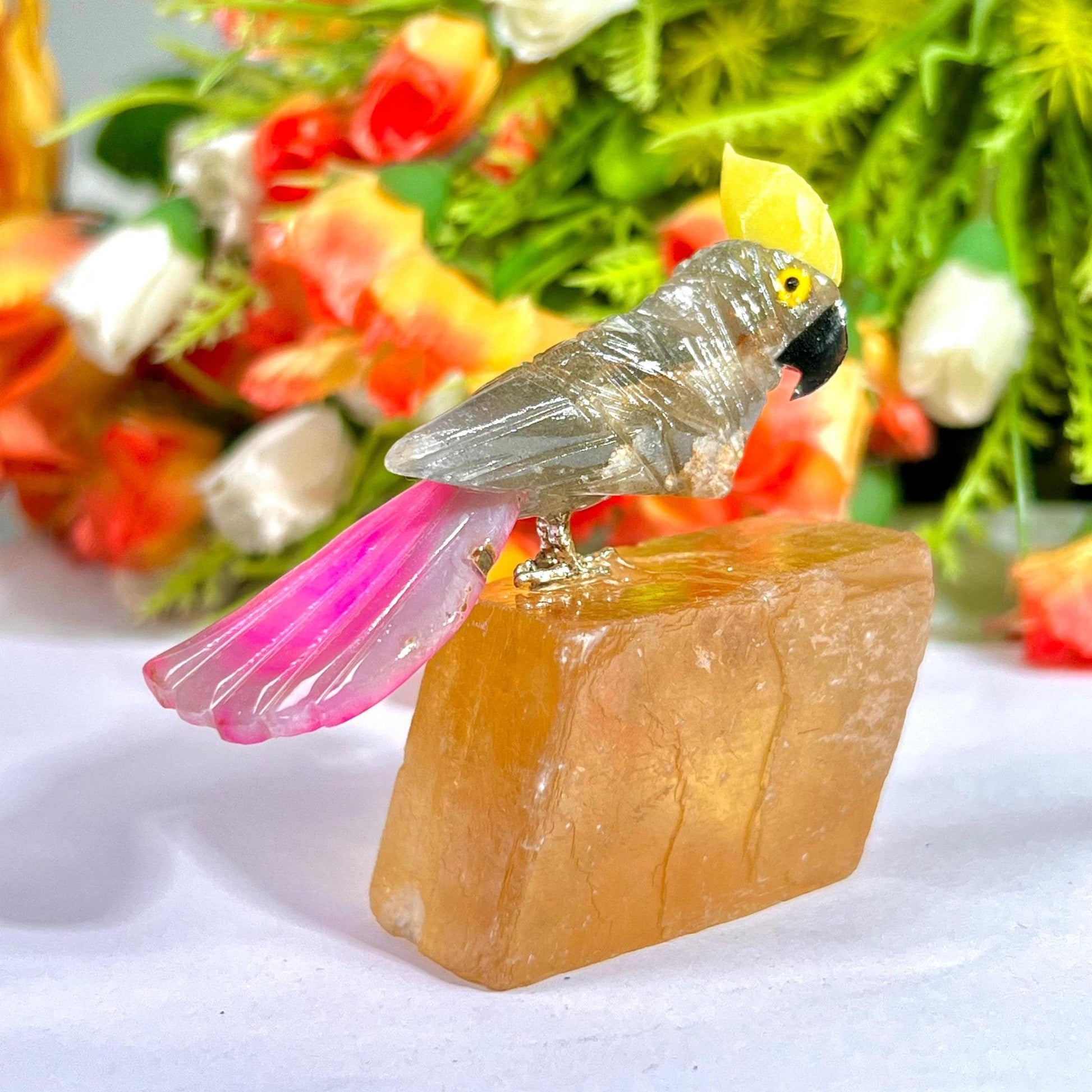 Beautiful Smoky Quartz Stone Parrot Bird On Honey Cubic Calcite- Healing Crystal - Home Decoration - Reiki Healing - Gift for All