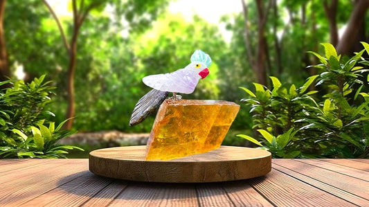 Beautiful Fluorite Stone Parrot Bird On Honey Cubic Calcite- Healing Crystal - Home Decoration - Reiki Healing - Gift for All