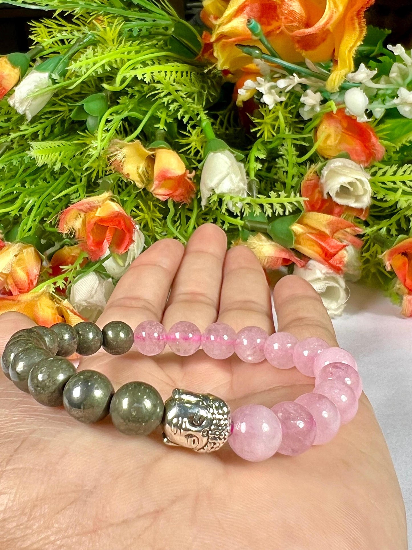 Money Wealth and Love Attract Pyrite and Rose Quartz Stone Bracelet With Buddha Head- 8 MM Beads with Stretch Design