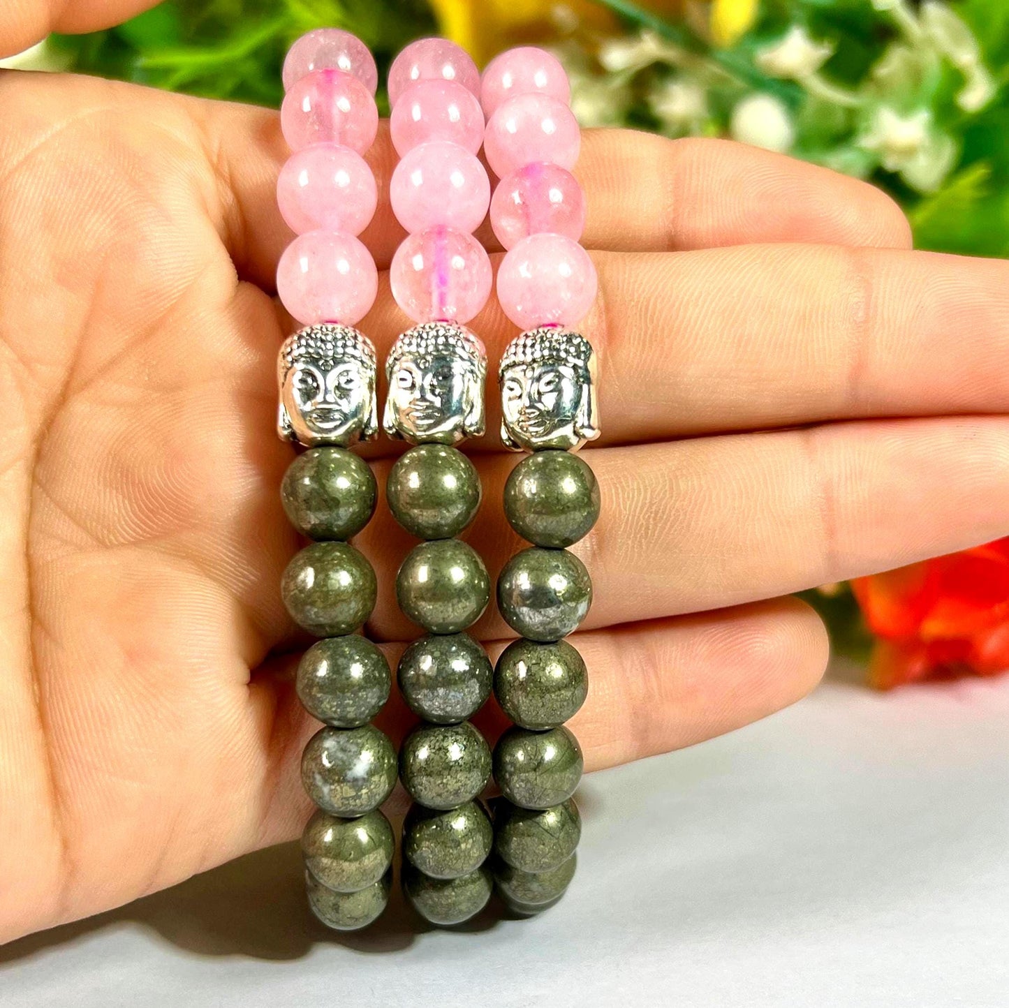 Money Wealth and Love Attract Pyrite and Rose Quartz Stone Bracelet With Buddha Head- 8 MM Beads with Stretch Design