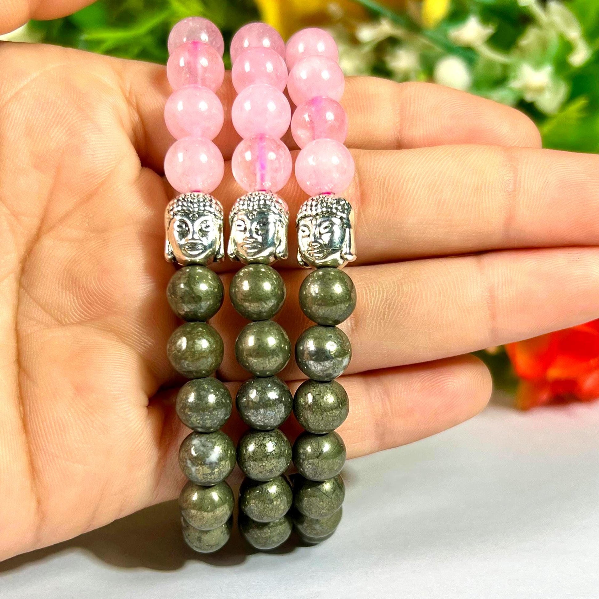 Money Wealth and Love Attract Pyrite and Rose Quartz Stone Bracelet With Buddha Head- 8 MM Beads with Stretch Design