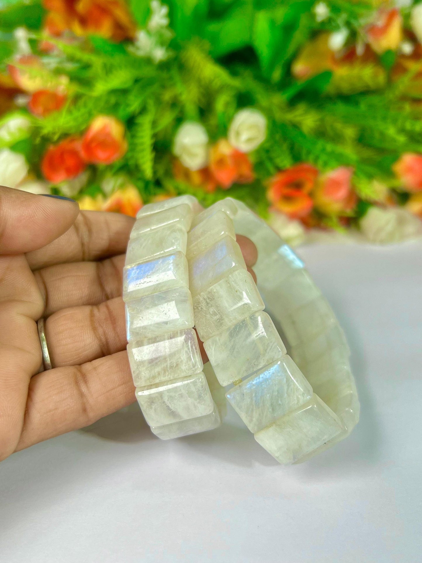 16 MM Rainbow Moonstone Stone Bengal Bracelet l Stretchable Bracelet l Unisex Bracelet AAAAA