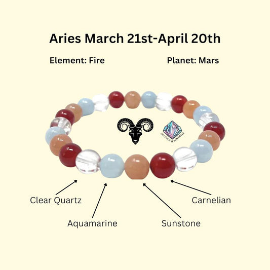 Aries Zodiac Sign Stone Bracelet Planet Mars Bracelet Element Fire Bracelet Himalaya Crystal ,Aquamarine ,Carnelian ,Sunstone,Bracelet 8 mm