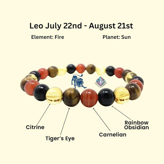 Leo Zodiac Sign Stone Bracelet Planet Sun Bracelet Element Fire Bracelet Citrine , Tiger's Eye ,Carnelian ,Rainbow Obsidian Bracelet 8 mm