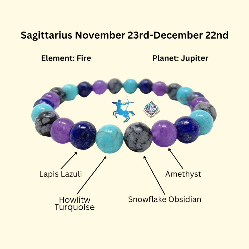 Sagittarius Zodiac Sign Stone Bracelet Planet Jupiter Element Fire Lapis Lazuli,Howlite Turquoise,Snowflake Obsidian,Amethyst Bracelet 8 mm