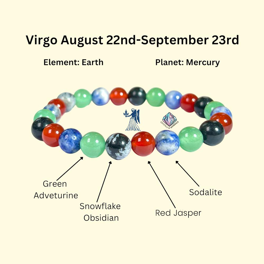 Virgo Zodiac Sign Stone Bracelet Planet Mercury Element Earth Bracelet Snowflake Obsidian,G Aventurine,Sodalite,Red Jasper Bracelet 8 mm