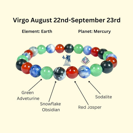 Virgo Zodiac Sign Stone Bracelet Planet Mercury Element Earth Bracelet Snowflake Obsidian,G Aventurine,Sodalite,Red Jasper Bracelet 8 mm