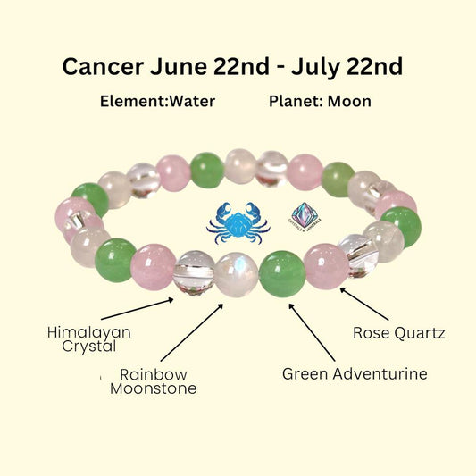 Cancer Zodiac Sign Stone Bracelet Planet Moon Bracelet Element Water Bracelet Moonstone, G Aventurine, Rose Quartz, H Crystal Bracelet 8 mm