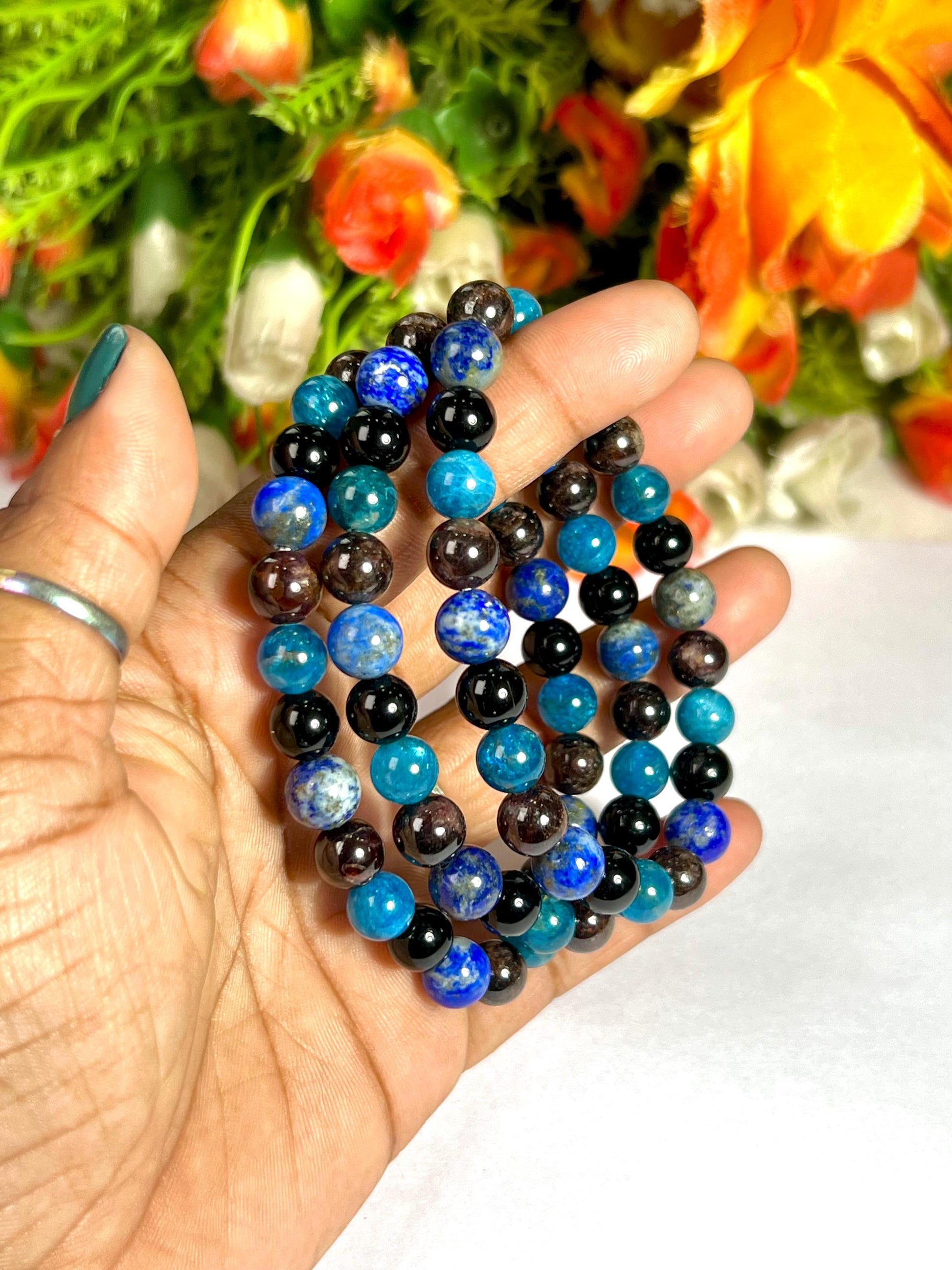 Capricorn Zodiac Sign Stone Bracelet Planet Saturn Element Earth Bracelet, Garnet, Lapis Lazuli, R Obsidian, B Apatite Bracelet 8 mm