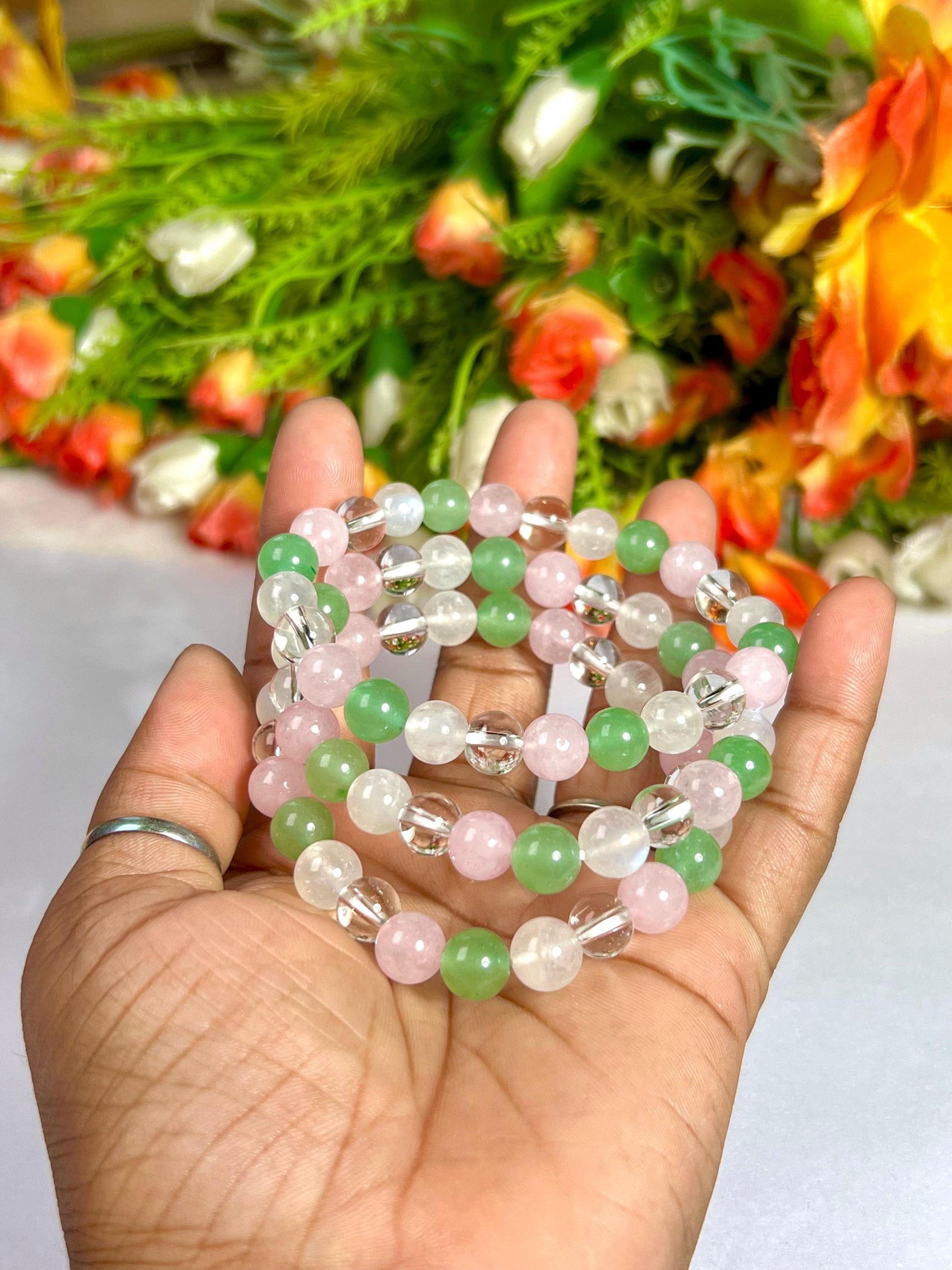 Cancer Zodiac Sign Stone Bracelet Planet Moon Bracelet Element Water Bracelet Moonstone, G Aventurine, Rose Quartz, H Crystal Bracelet 8 mm