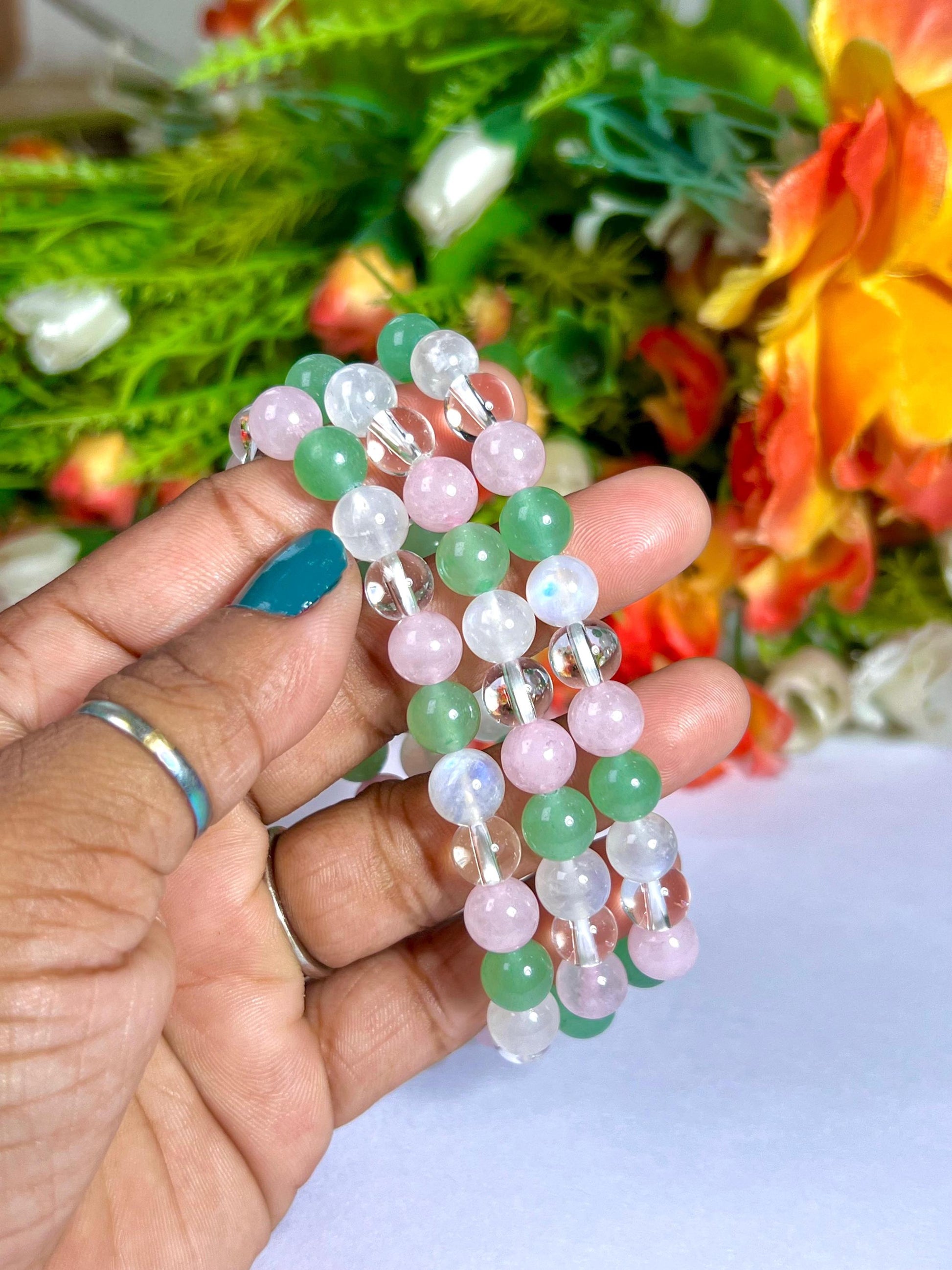 Cancer Zodiac Sign Stone Bracelet Planet Moon Bracelet Element Water Bracelet Moonstone, G Aventurine, Rose Quartz, H Crystal Bracelet 8 mm