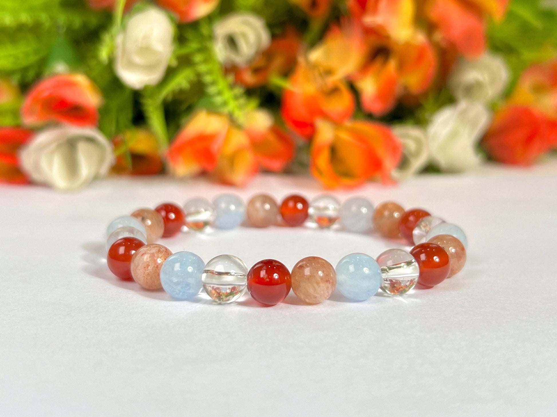 Aries Zodiac Sign Stone Bracelet Planet Mars Bracelet Element Fire Bracelet Himalaya Crystal ,Aquamarine ,Carnelian ,Sunstone,Bracelet 8 mm