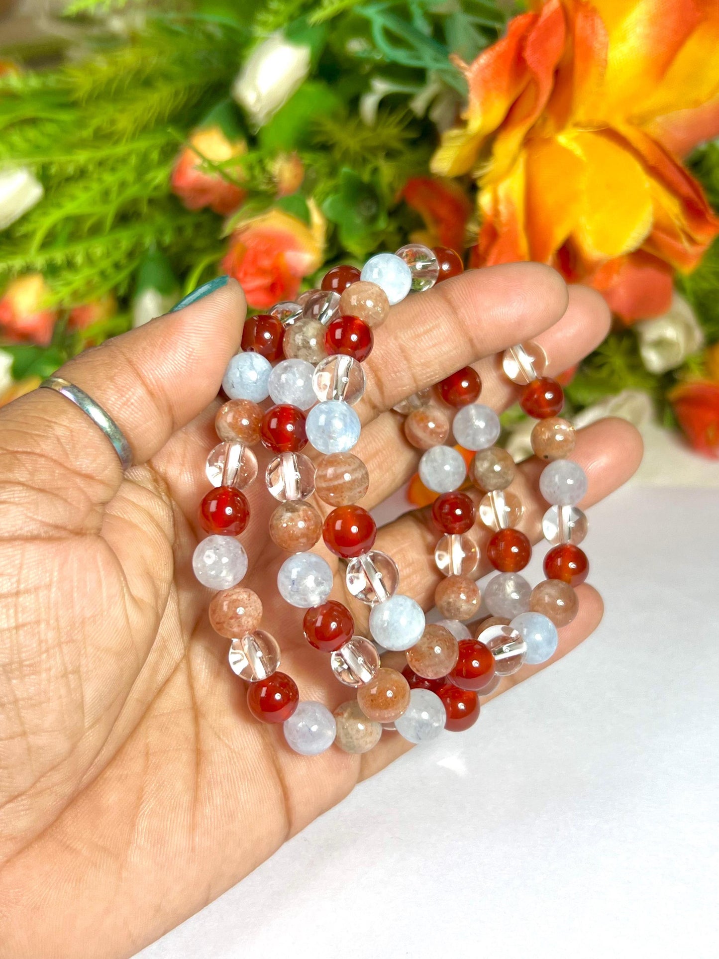 Aries Zodiac Sign Stone Bracelet Planet Mars Bracelet Element Fire Bracelet Himalaya Crystal ,Aquamarine ,Carnelian ,Sunstone,Bracelet 8 mm
