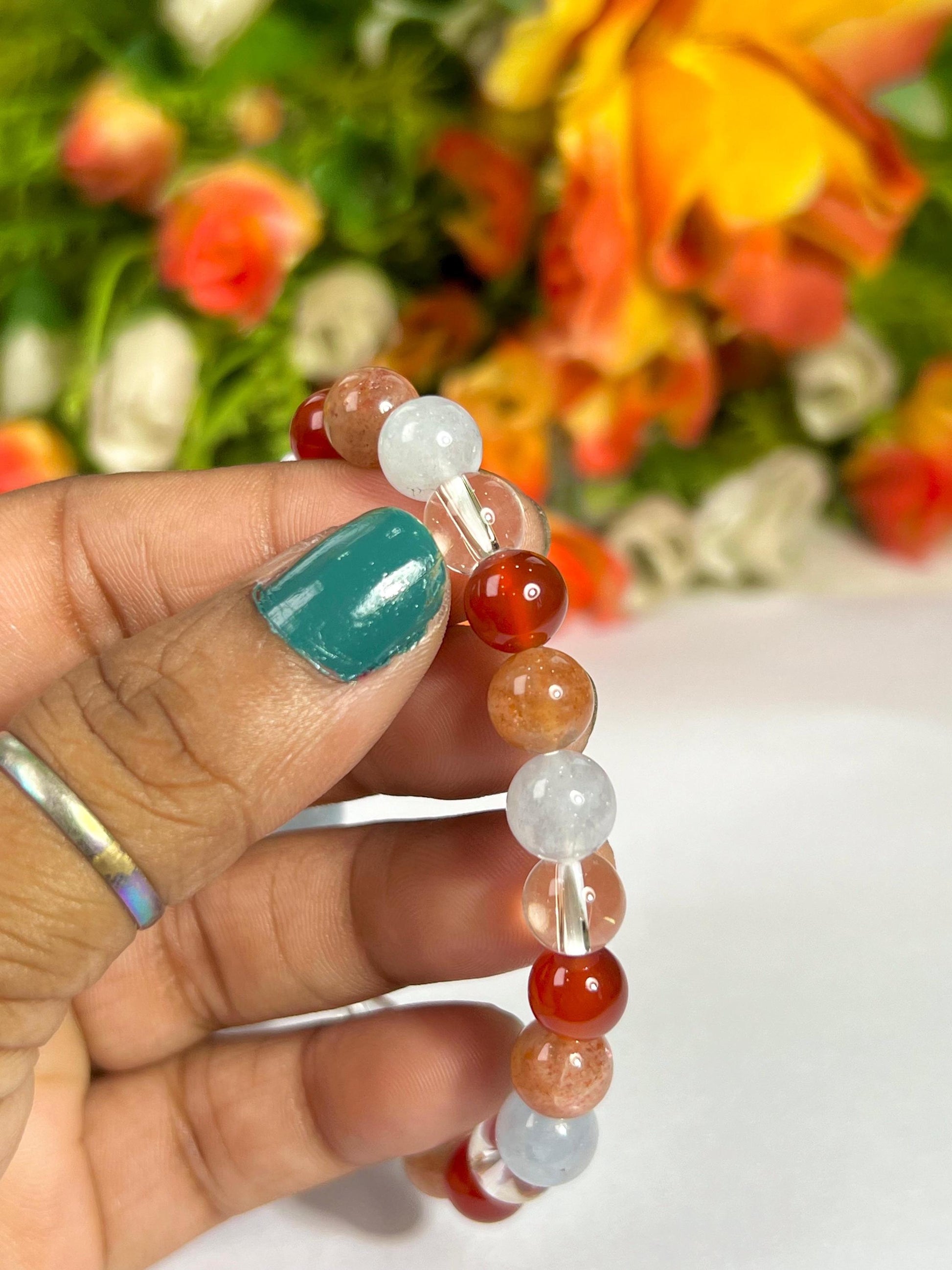 Aries Zodiac Sign Stone Bracelet Planet Mars Bracelet Element Fire Bracelet Himalaya Crystal ,Aquamarine ,Carnelian ,Sunstone,Bracelet 8 mm