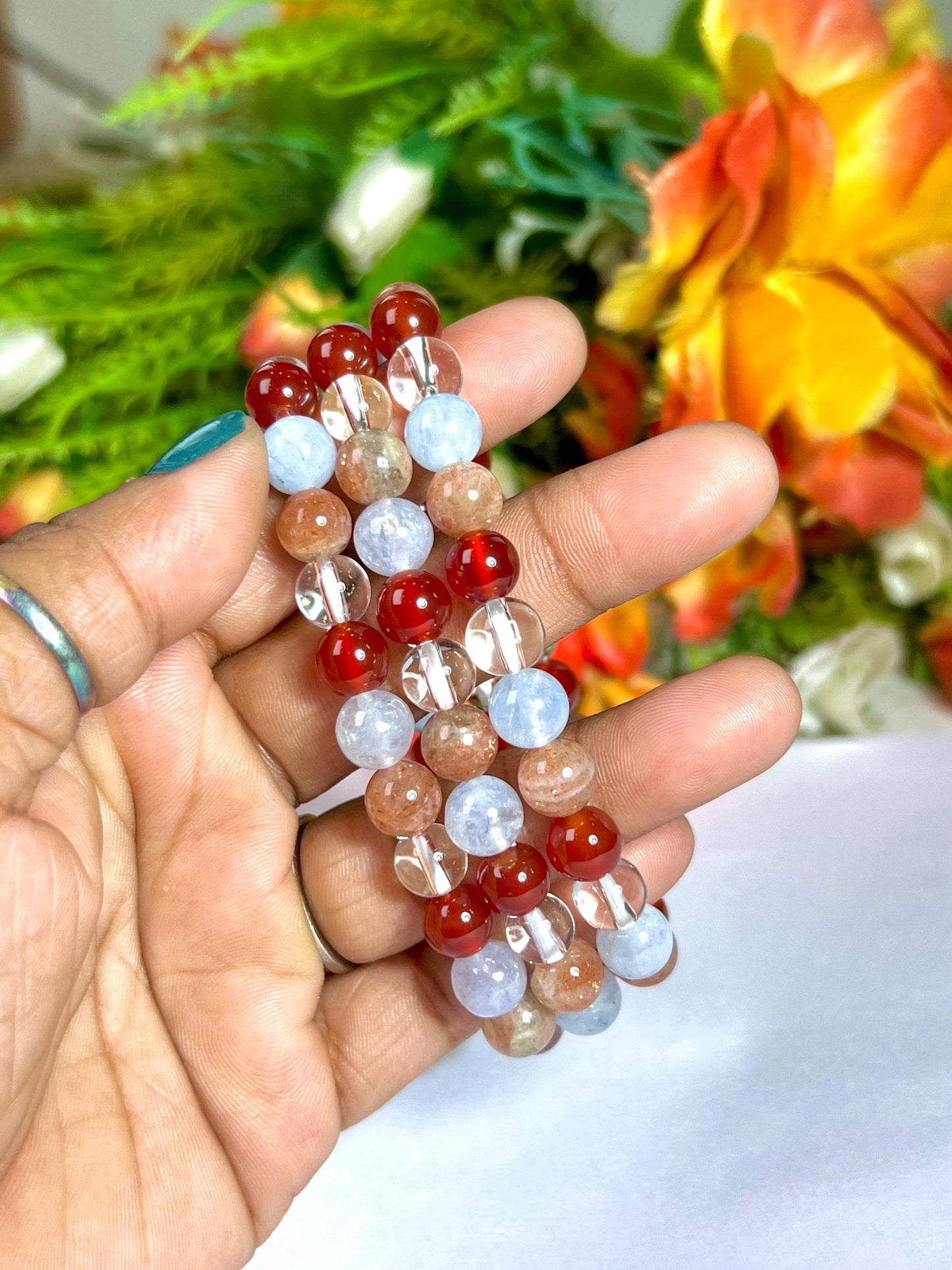 Aries Zodiac Sign Stone Bracelet Planet Mars Bracelet Element Fire Bracelet Himalaya Crystal ,Aquamarine ,Carnelian ,Sunstone,Bracelet 8 mm