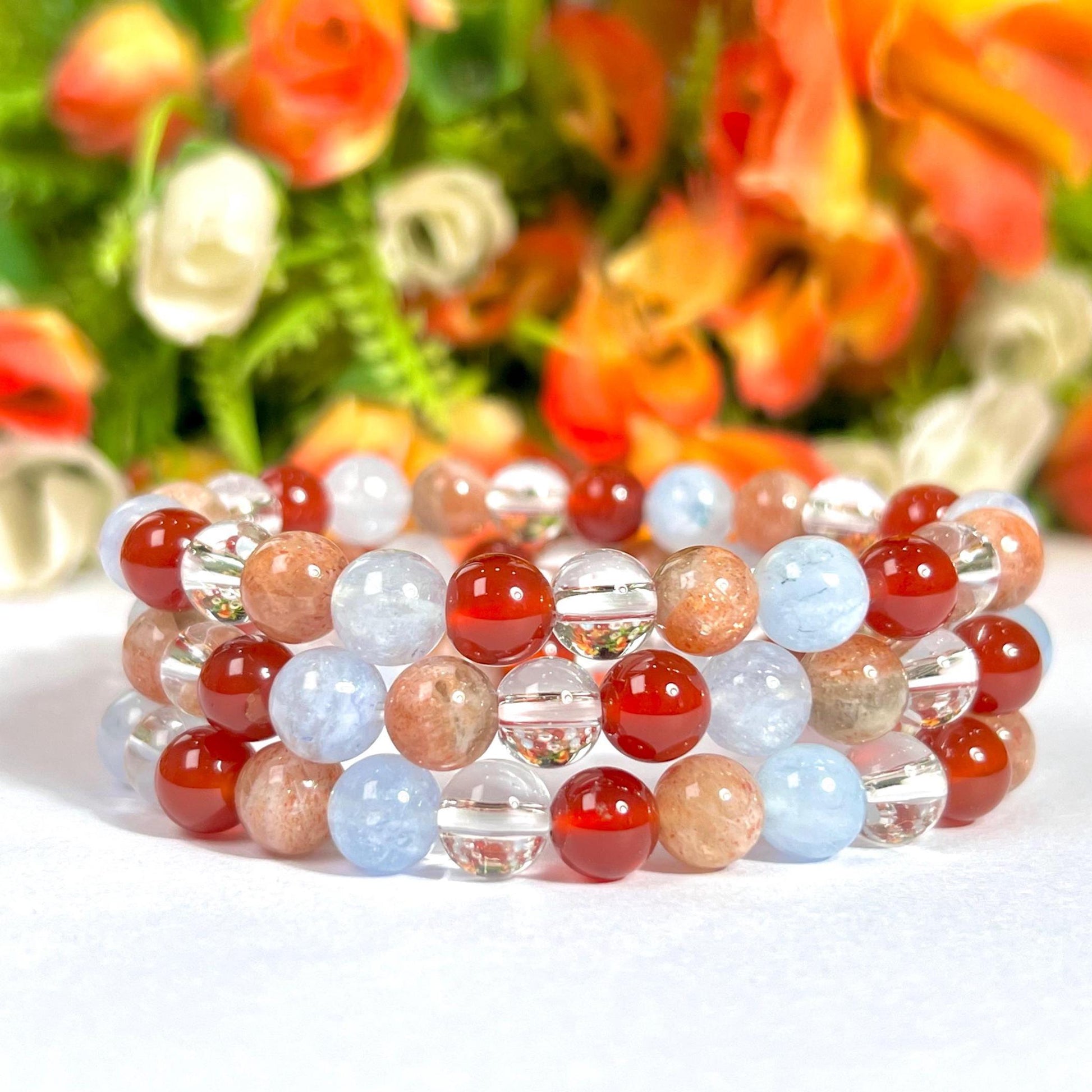 Aries Zodiac Sign Stone Bracelet Planet Mars Bracelet Element Fire Bracelet Himalaya Crystal ,Aquamarine ,Carnelian ,Sunstone,Bracelet 8 mm