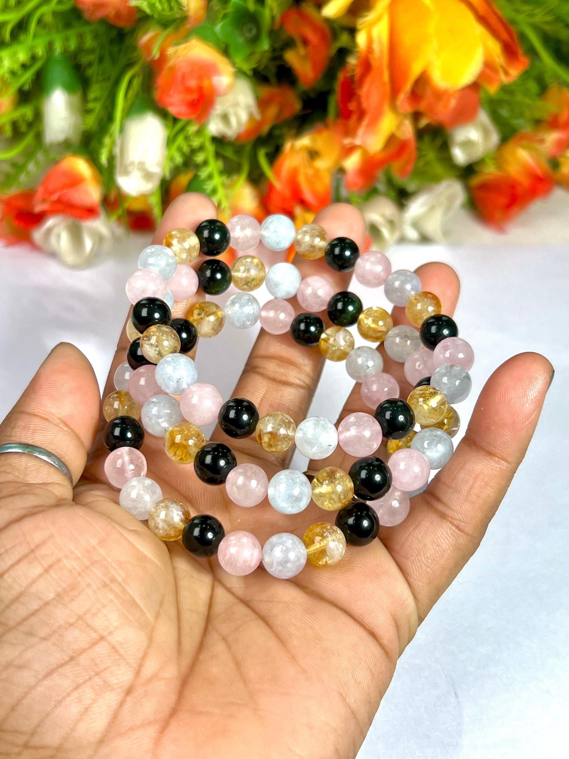 Scorpio Zodiac Sign Stone Bracelet Planet Mars Element Water Bracelet Aquamarine ,Citrine , Black Tourmaline, Rose Quartz Bracelet 8 mm