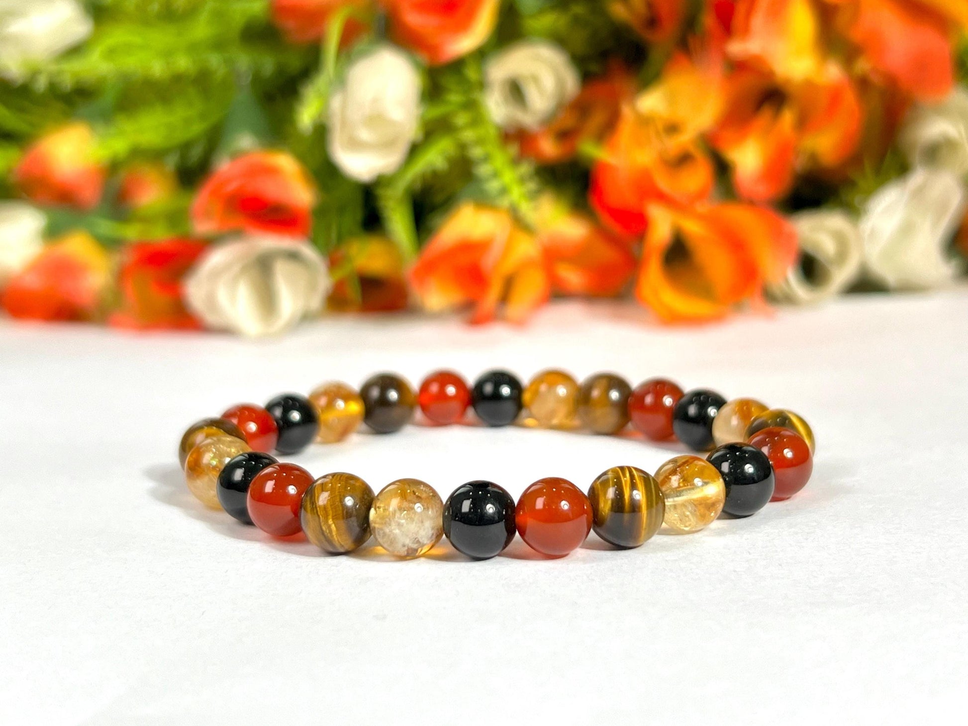 Leo Zodiac Sign Stone Bracelet Planet Sun Bracelet Element Fire Bracelet Citrine , Tiger's Eye ,Carnelian ,Rainbow Obsidian Bracelet 8 mm