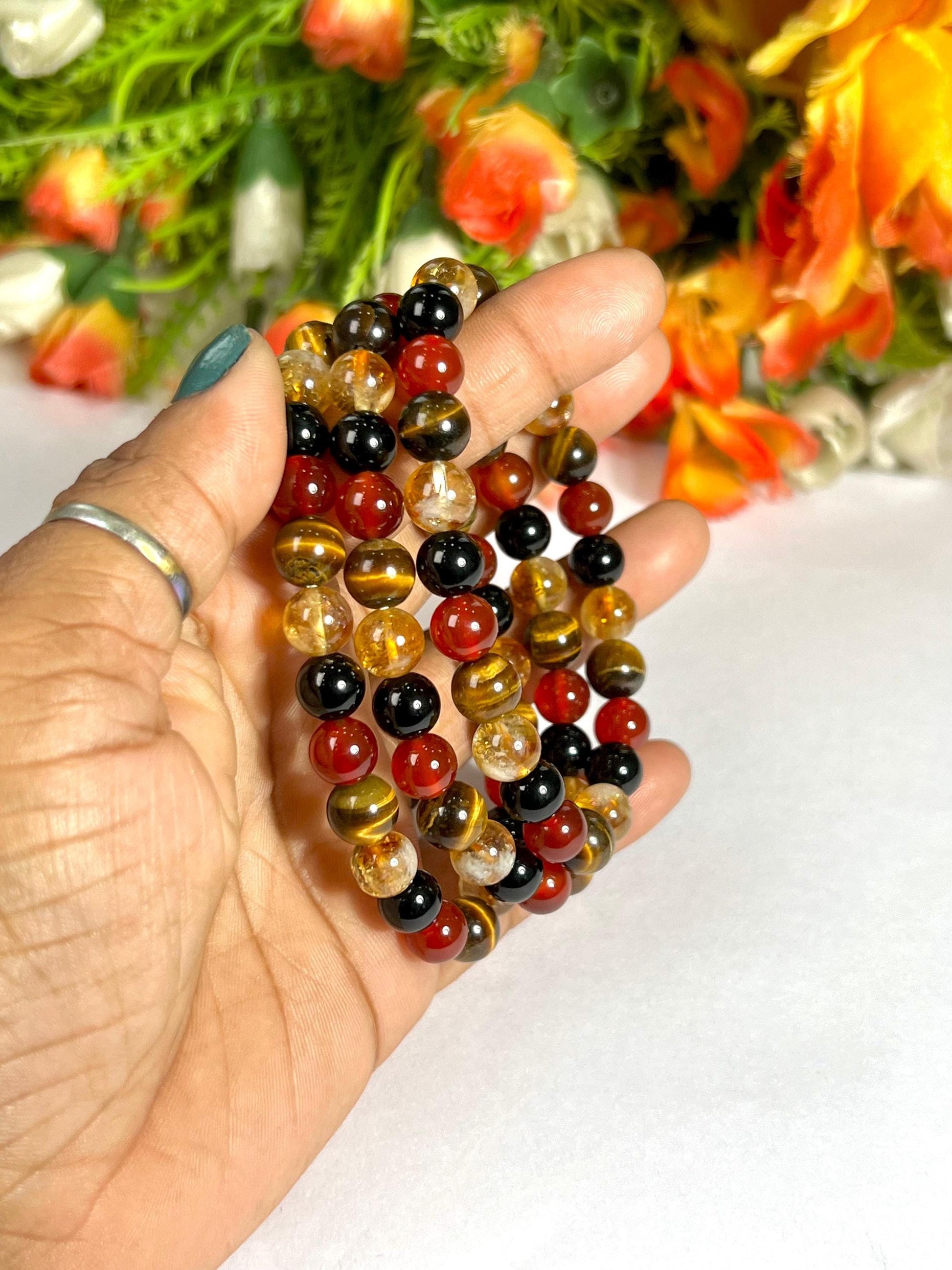 Leo Zodiac Sign Stone Bracelet Planet Sun Bracelet Element Fire Bracelet Citrine , Tiger's Eye ,Carnelian ,Rainbow Obsidian Bracelet 8 mm