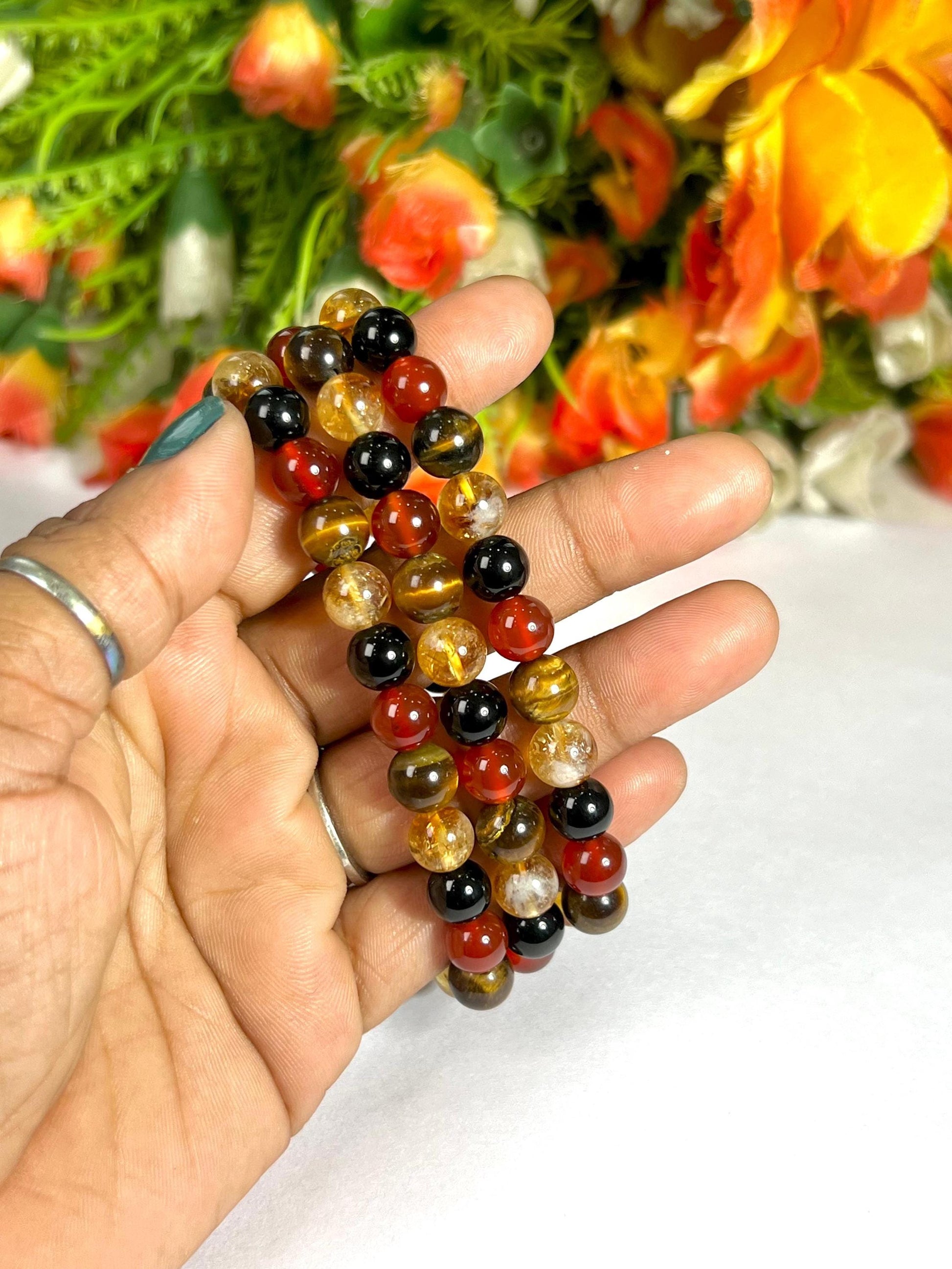 Leo Zodiac Sign Stone Bracelet Planet Sun Bracelet Element Fire Bracelet Citrine , Tiger's Eye ,Carnelian ,Rainbow Obsidian Bracelet 8 mm