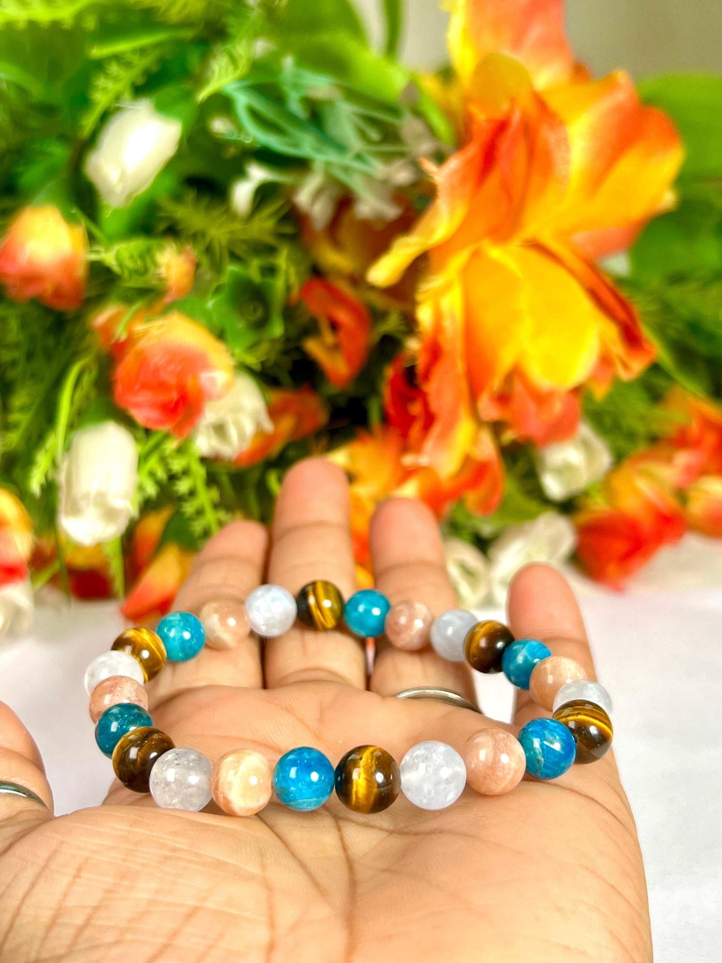 Gemini Zodiac Sign Stone Bracelet Planet Mercury Element Air Bracelet, B Apatite, Tiger Eye ,Peach Moonstone, Aquamarine Stone Bracelet 8 mm