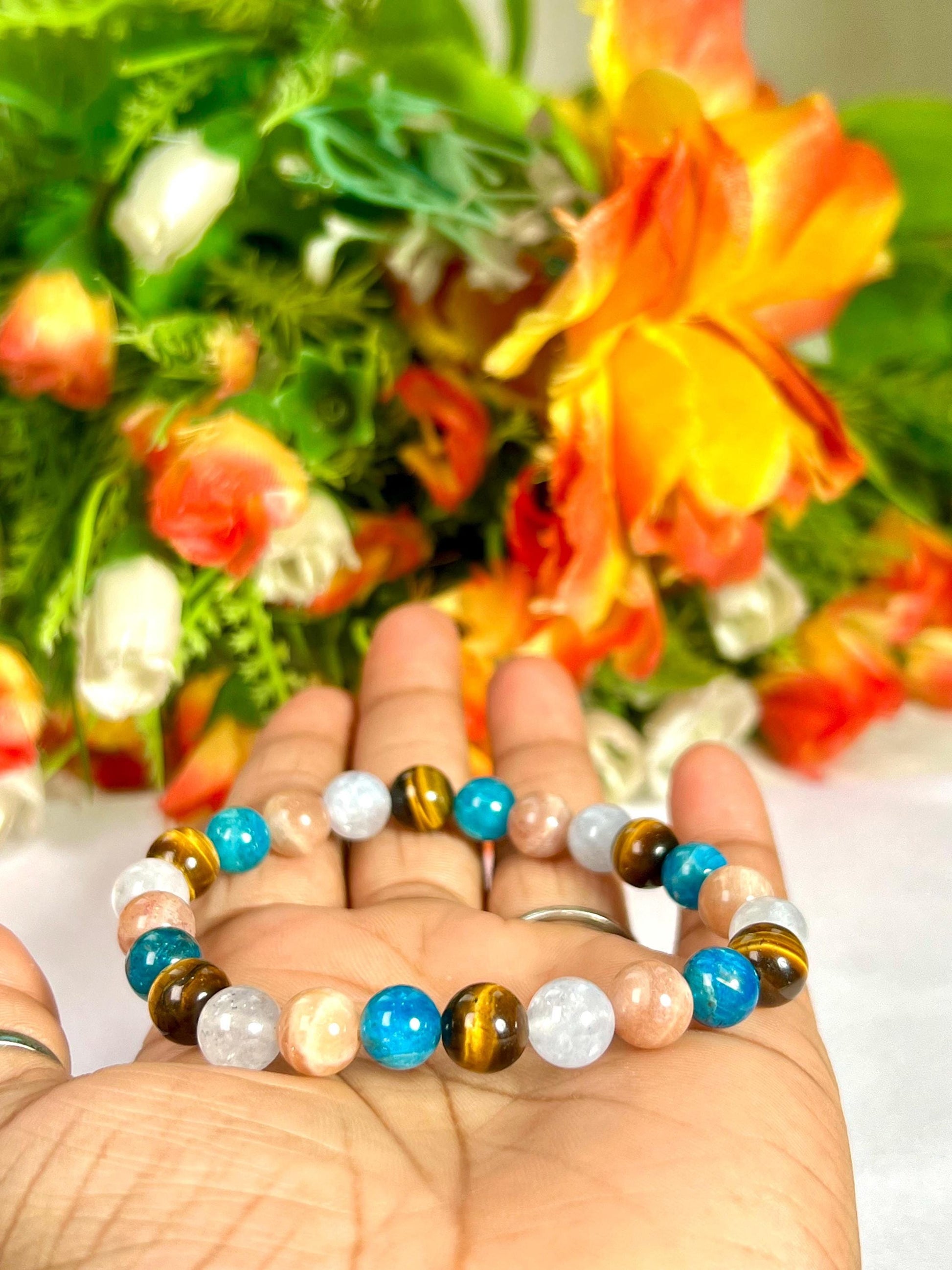 Gemini Zodiac Sign Stone Bracelet Planet Mercury Element Air Bracelet, B Apatite, Tiger Eye ,Peach Moonstone, Aquamarine Stone Bracelet 8 mm