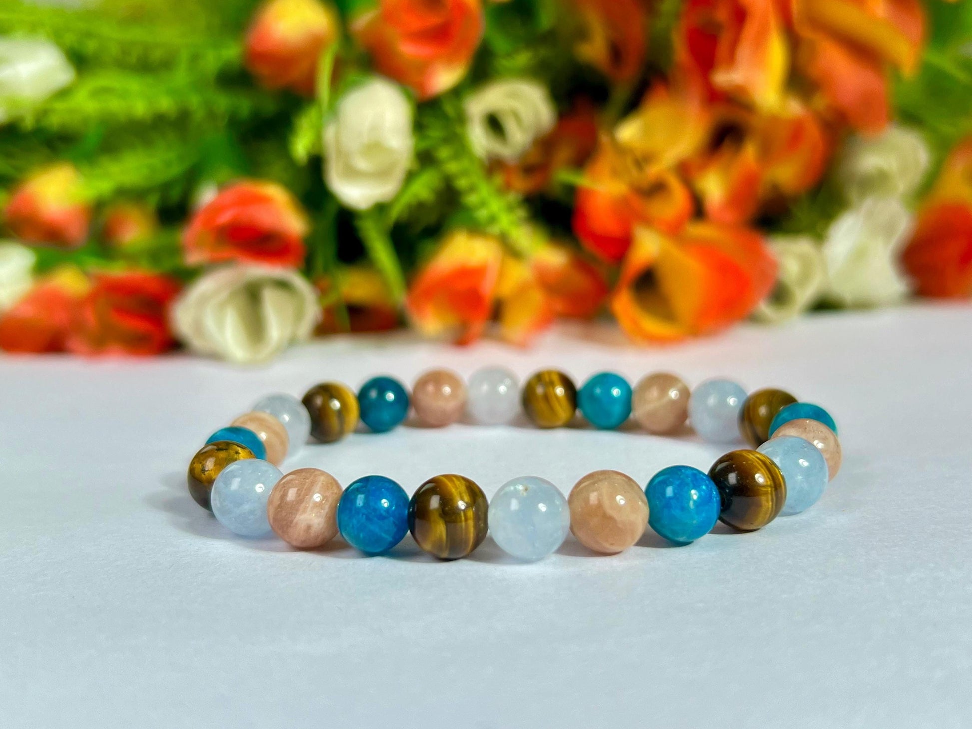 Gemini Zodiac Sign Stone Bracelet Planet Mercury Element Air Bracelet, B Apatite, Tiger Eye ,Peach Moonstone, Aquamarine Stone Bracelet 8 mm
