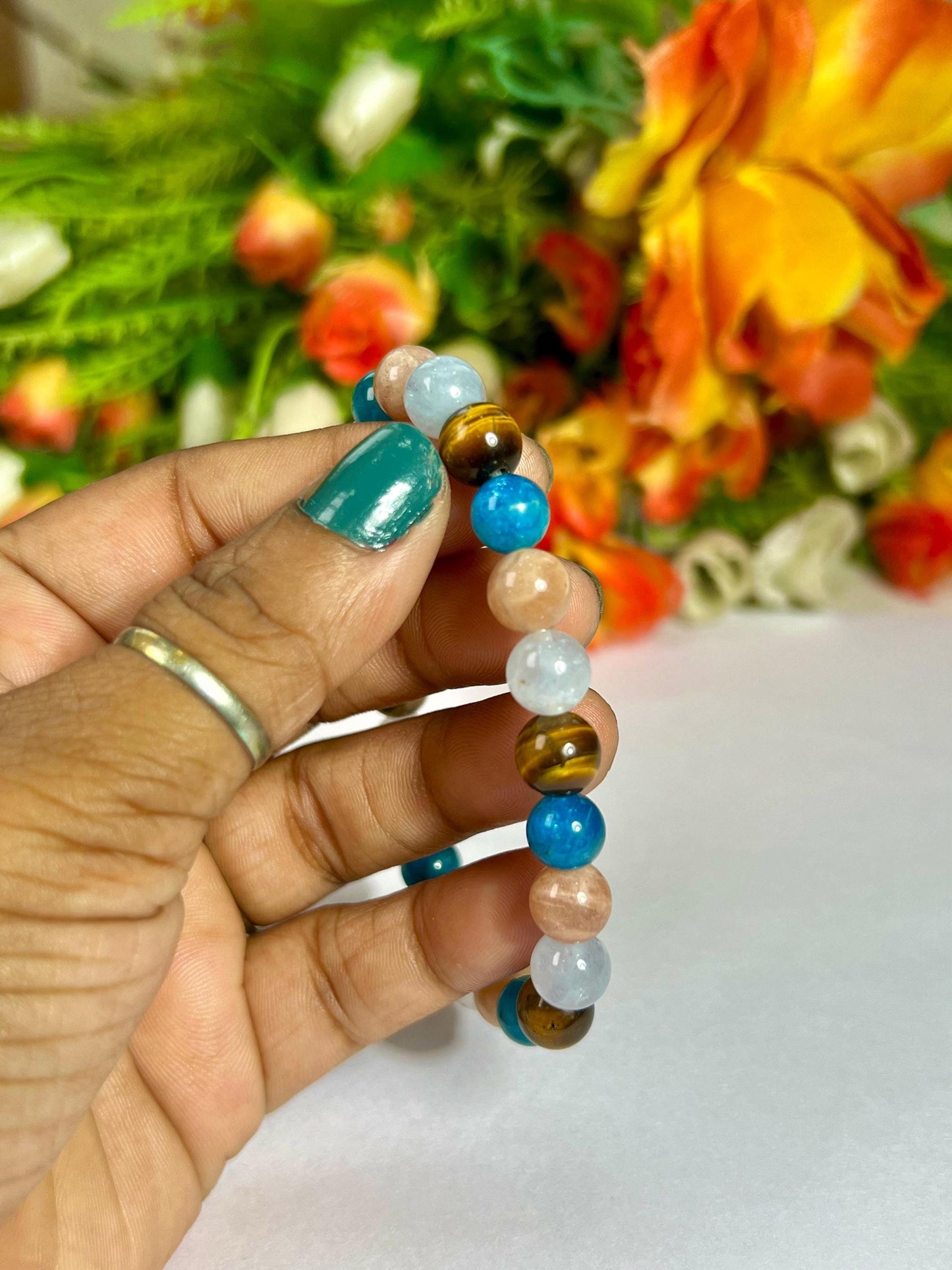 Gemini Zodiac Sign Stone Bracelet Planet Mercury Element Air Bracelet, B Apatite, Tiger Eye ,Peach Moonstone, Aquamarine Stone Bracelet 8 mm