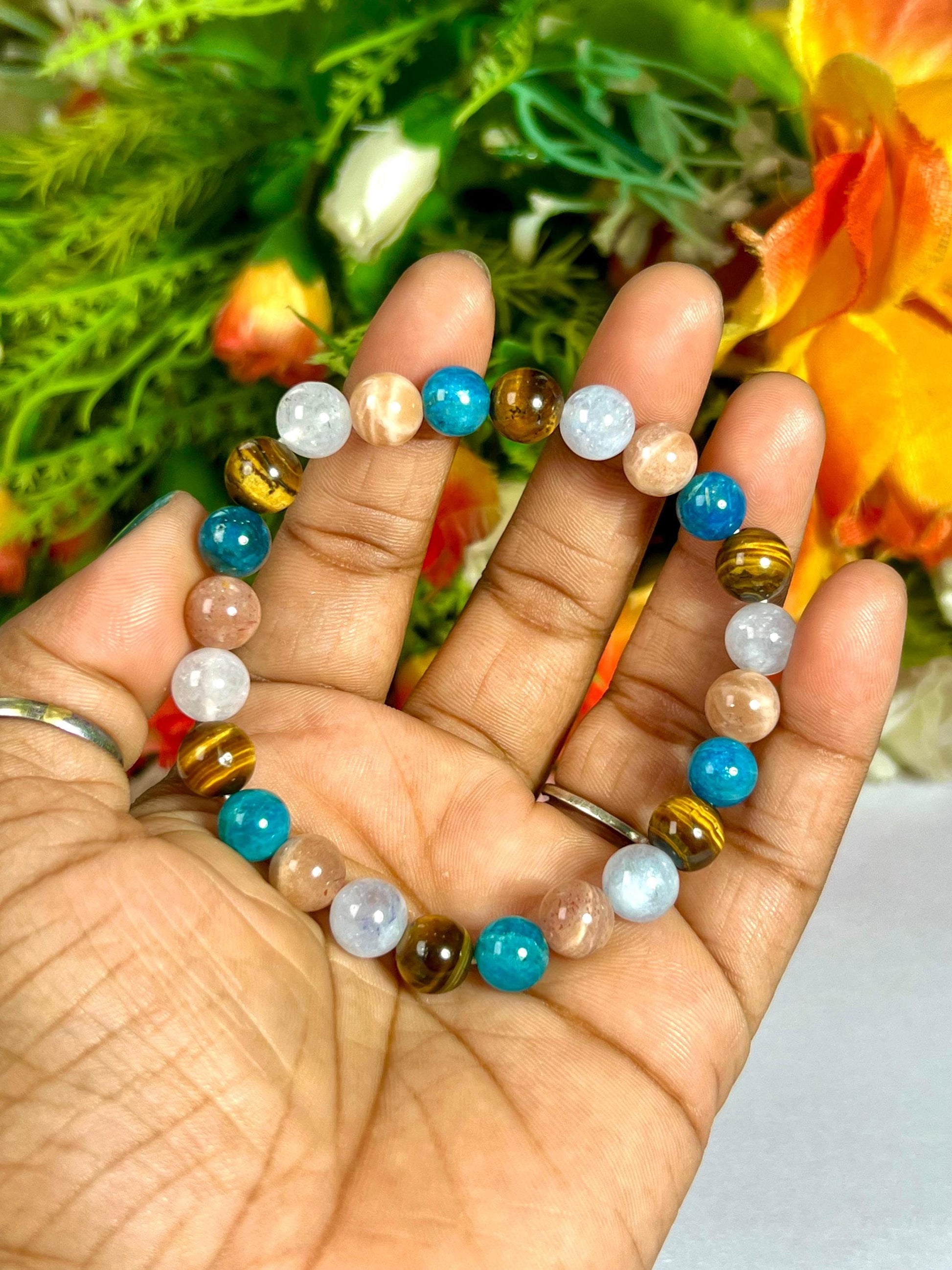 Gemini Zodiac Sign Stone Bracelet Planet Mercury Element Air Bracelet, B Apatite, Tiger Eye ,Peach Moonstone, Aquamarine Stone Bracelet 8 mm
