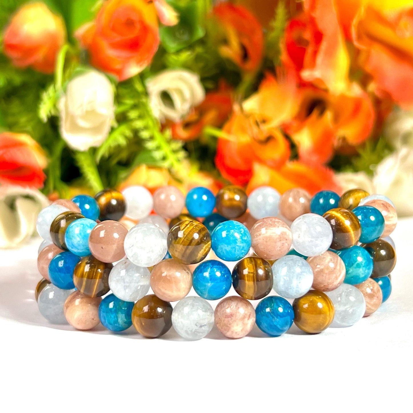 Gemini Zodiac Sign Stone Bracelet Planet Mercury Element Air Bracelet, B Apatite, Tiger Eye ,Peach Moonstone, Aquamarine Stone Bracelet 8 mm