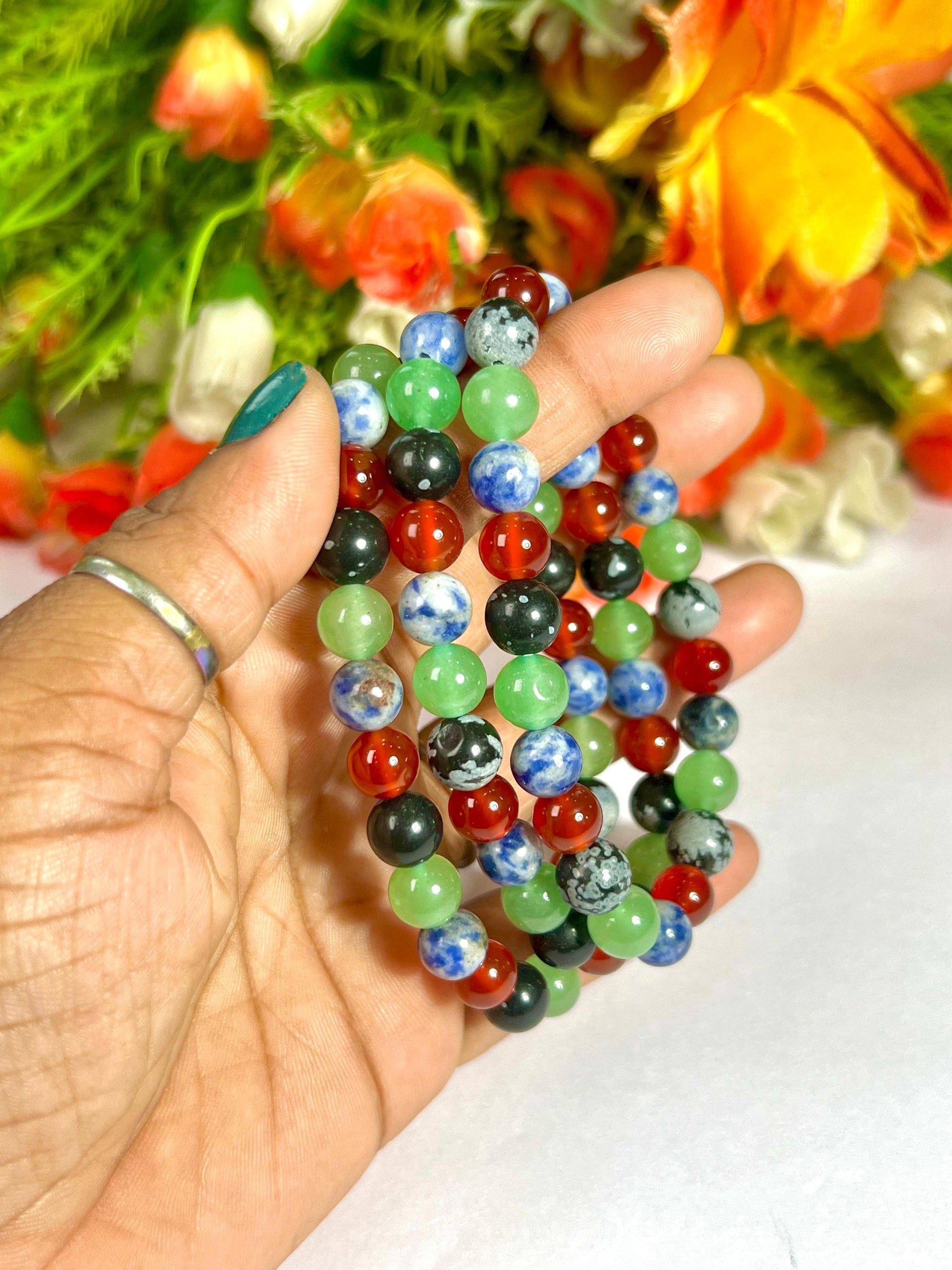 Virgo Zodiac Sign Stone Bracelet Planet Mercury Element Earth Bracelet Snowflake Obsidian,G Aventurine,Sodalite,Red Jasper Bracelet 8 mm
