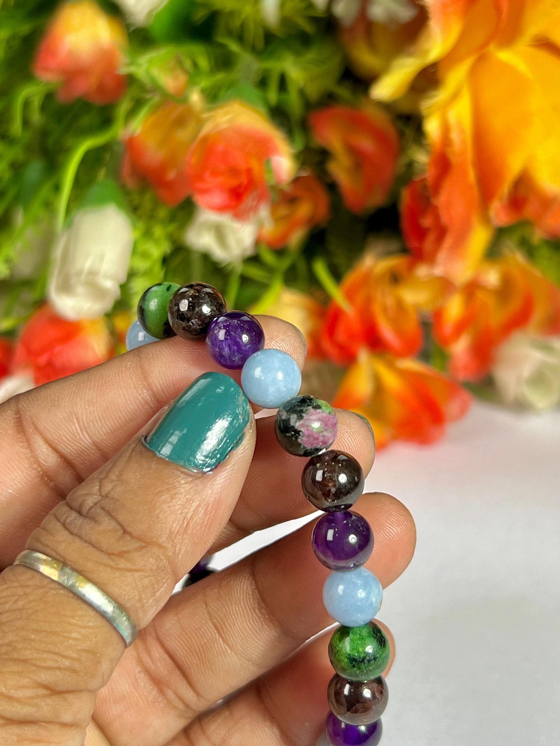 Aquarius Zodiac Sign Stone Bracelet Planet Uranus Bracelet Element Air Bracelet, Garnet, Ruby Zosite, Amethyst ,Angelite Stone Bracelet 8 mm