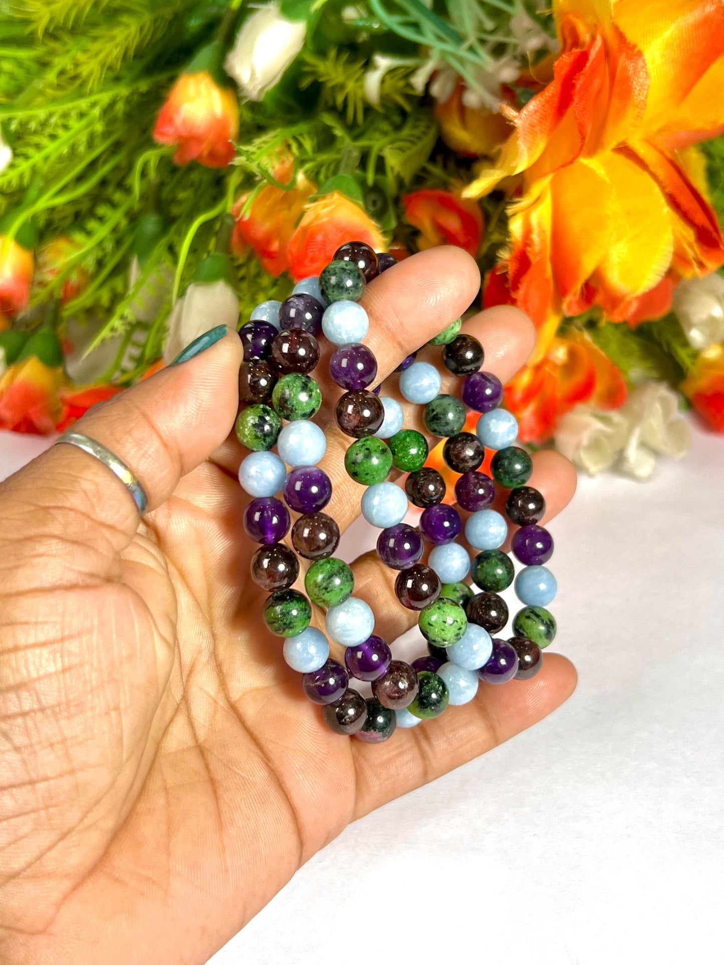 Aquarius Zodiac Sign Stone Bracelet Planet Uranus Bracelet Element Air Bracelet, Garnet, Ruby Zosite, Amethyst ,Angelite Stone Bracelet 8 mm